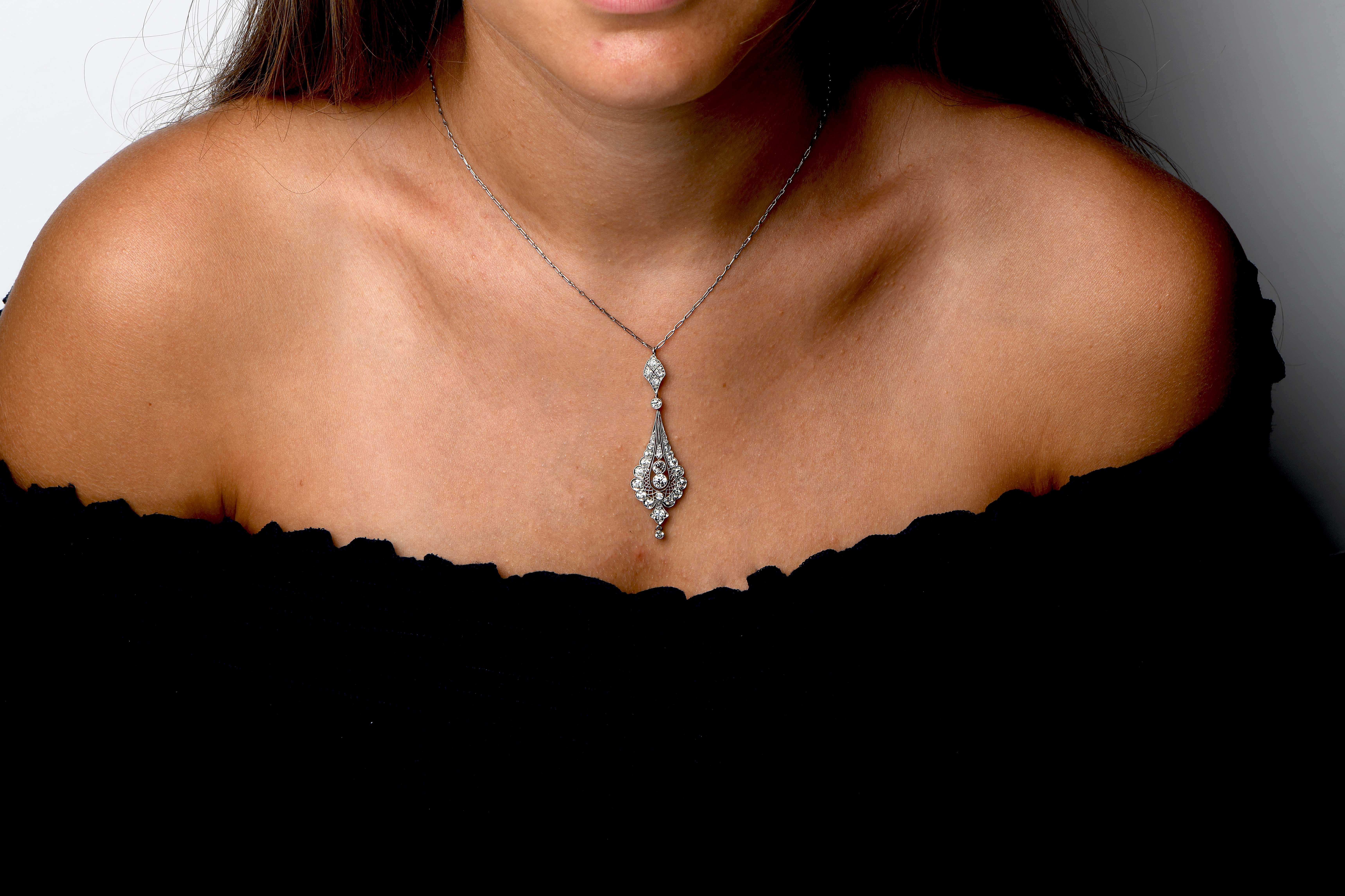 Women's or Men's Edwardian 2 Carat Diamond Platinum Pendant Necklace