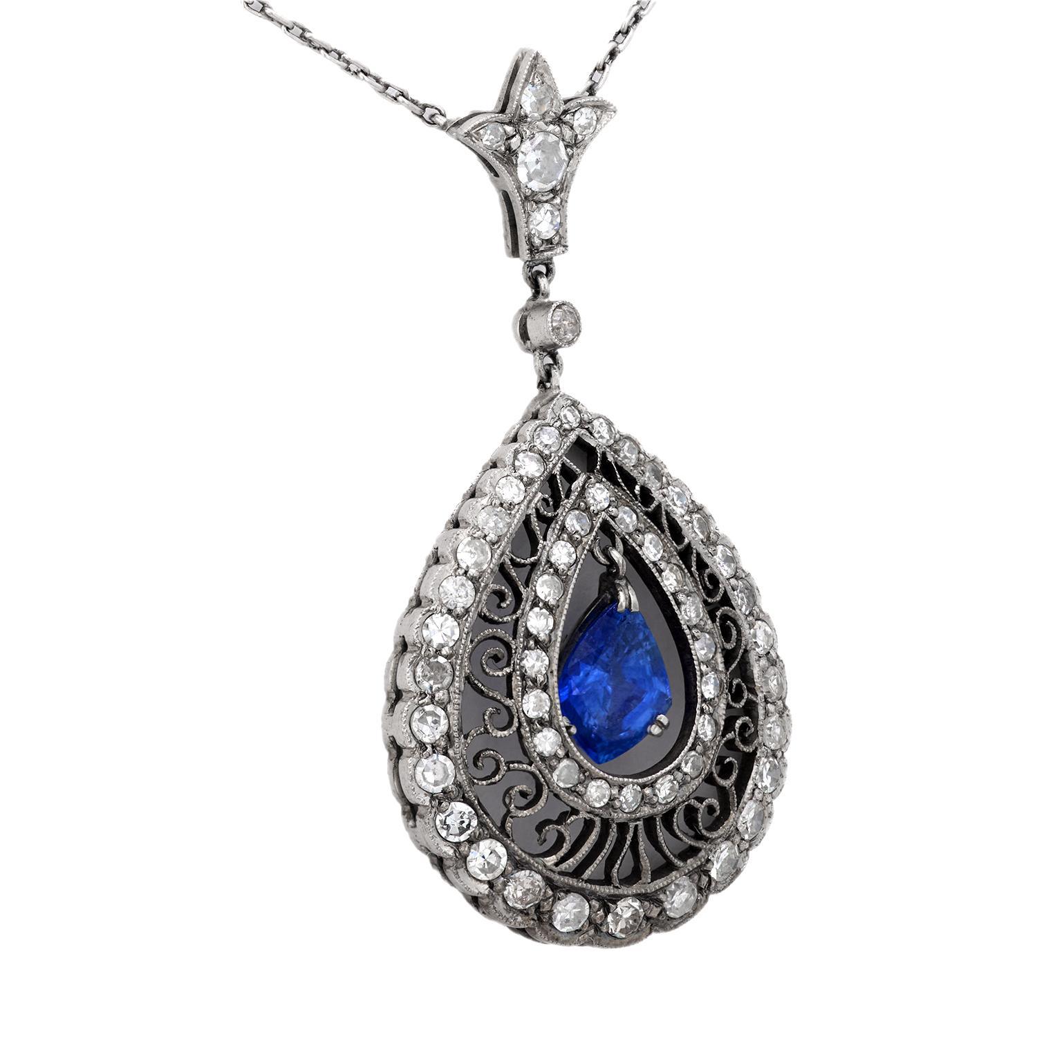 Edoardiano Collana edoardiana con zaffiro e diamante da 2 carati in oro bianco 18 carati e platino in vendita