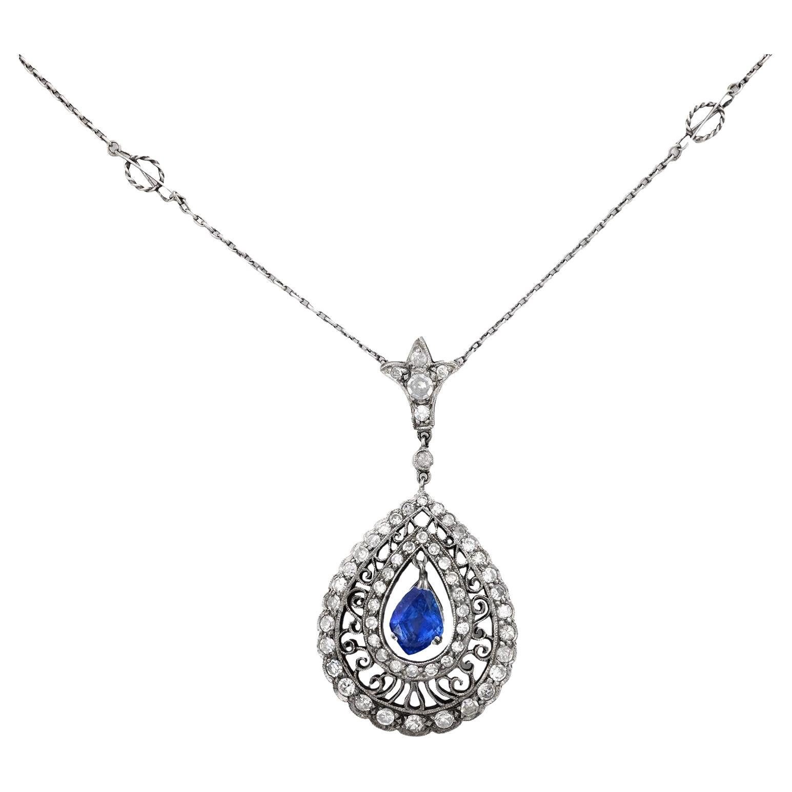 Edwardian 2 carat sapphire diamond 18k white gold and platinum pendant necklace