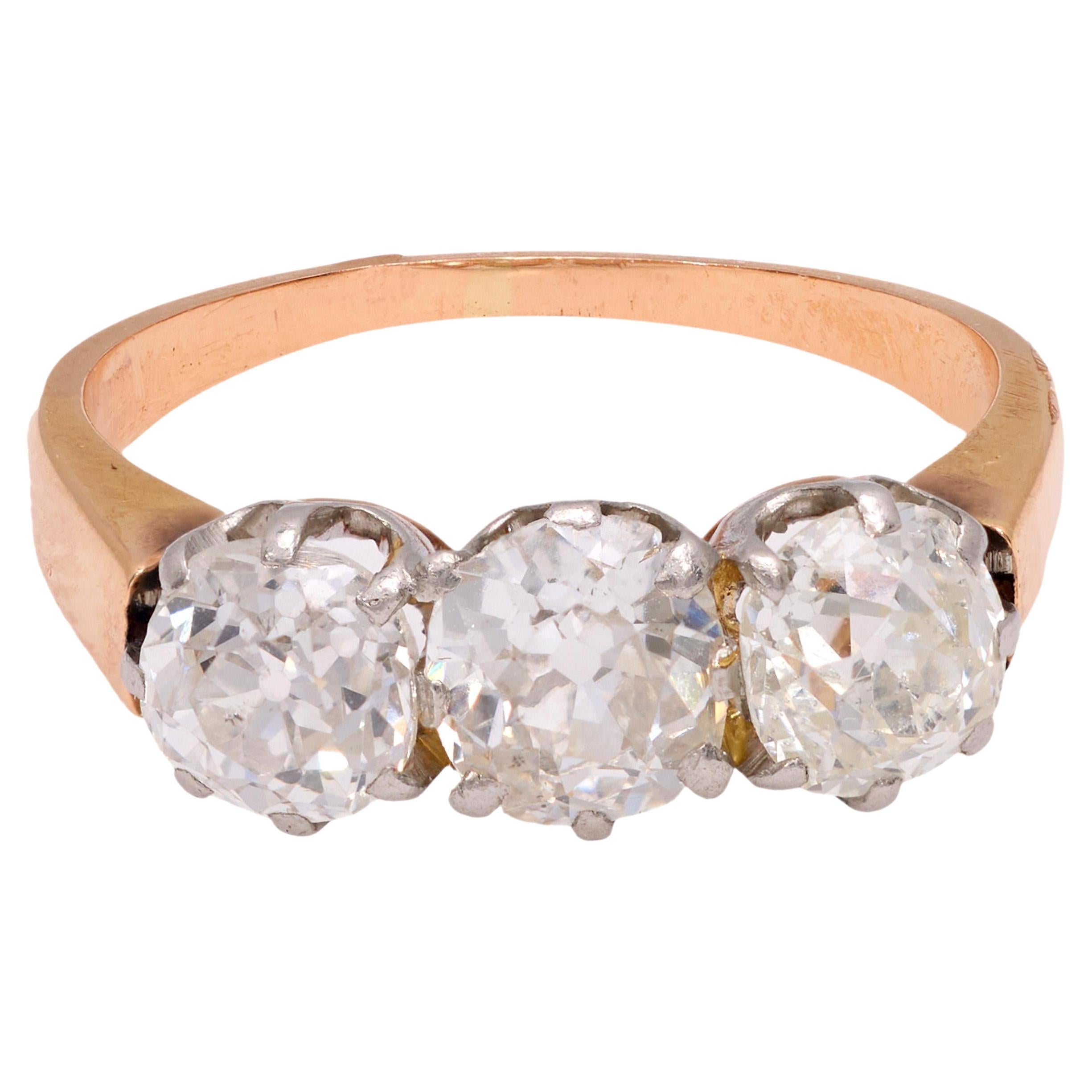 Edwardian 2 carat total weight diamond 18k yellow gold three stone ring