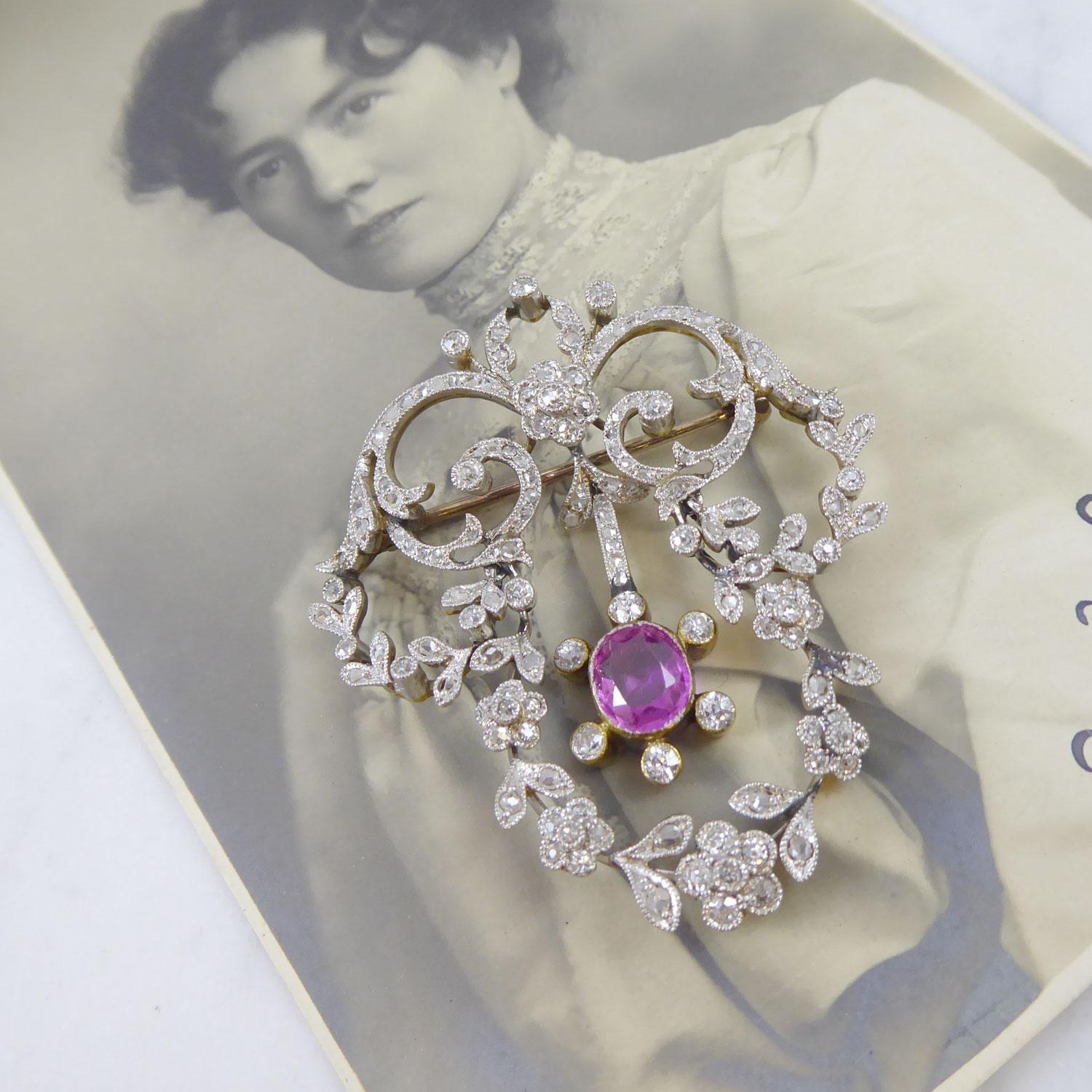 Edwardian 2.0 Carat Diamond Brooch with 1.04 Carat Pink Sapphire, circa 1900s 3