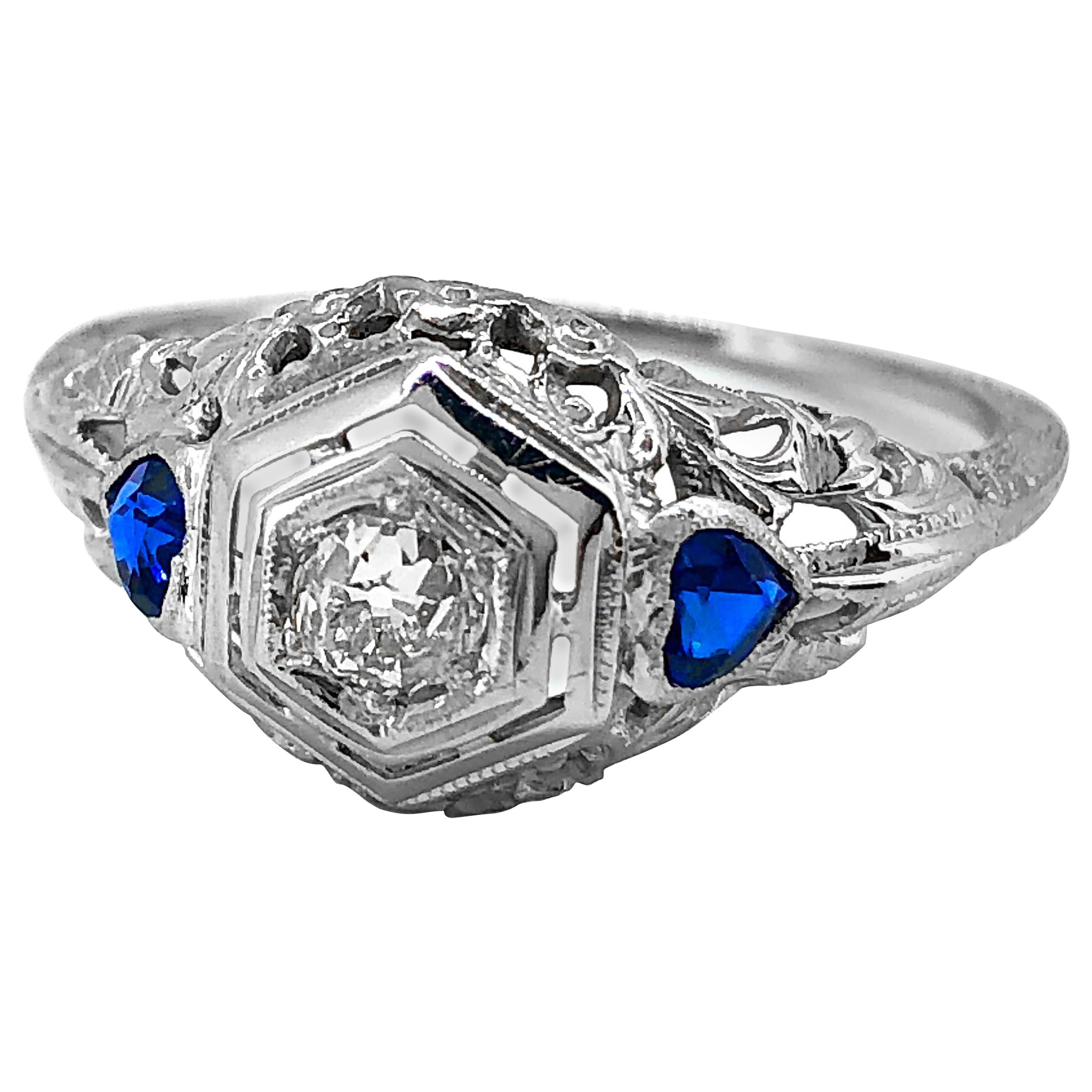 Edwardian .20 Carat T.W. Diamond and .40 Carat T.W. Sapphire Ring 18 Karat