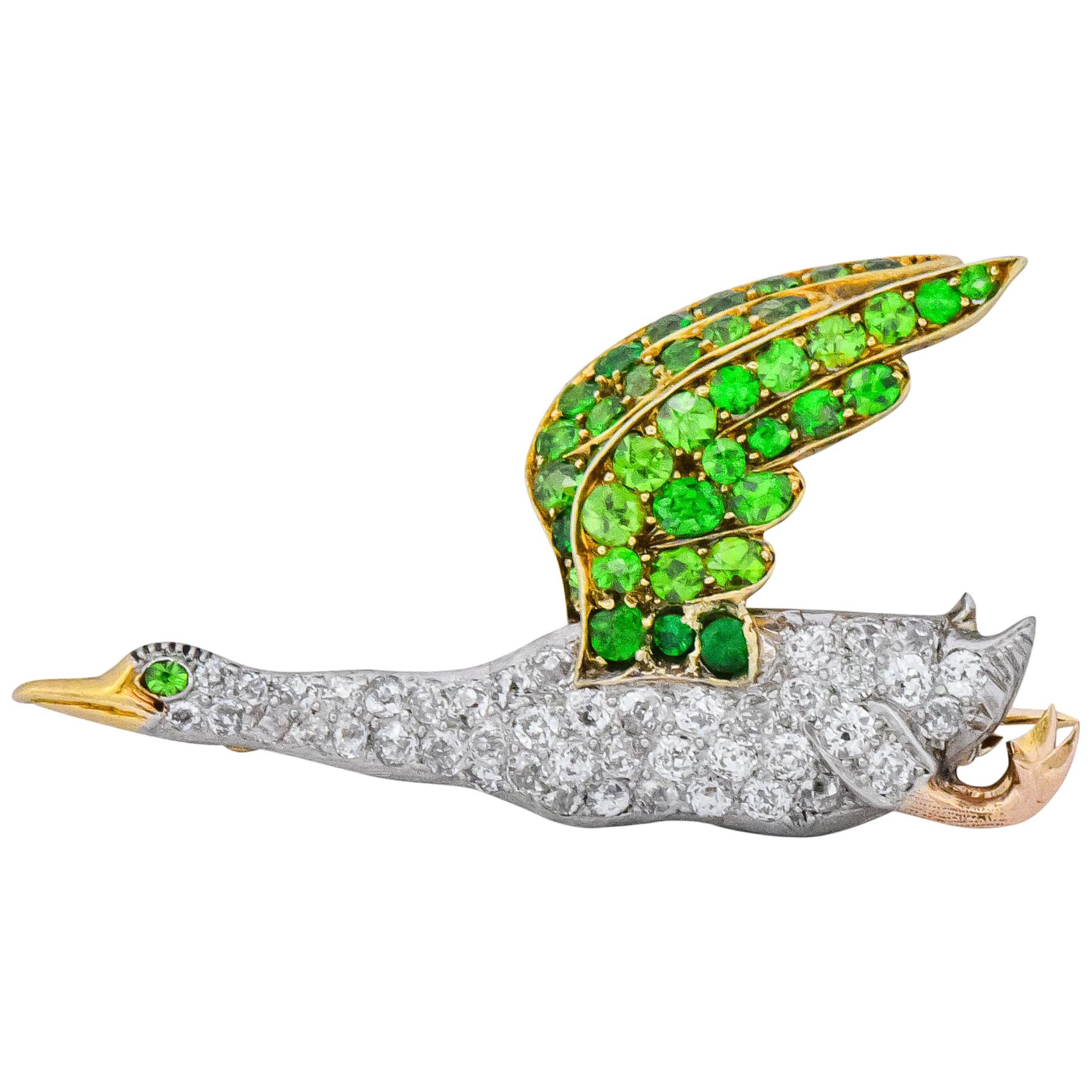 Edwardian 2.00 Carat Diamond Demantoid Garnet Platinum 18 Karat Gold Goose Pin