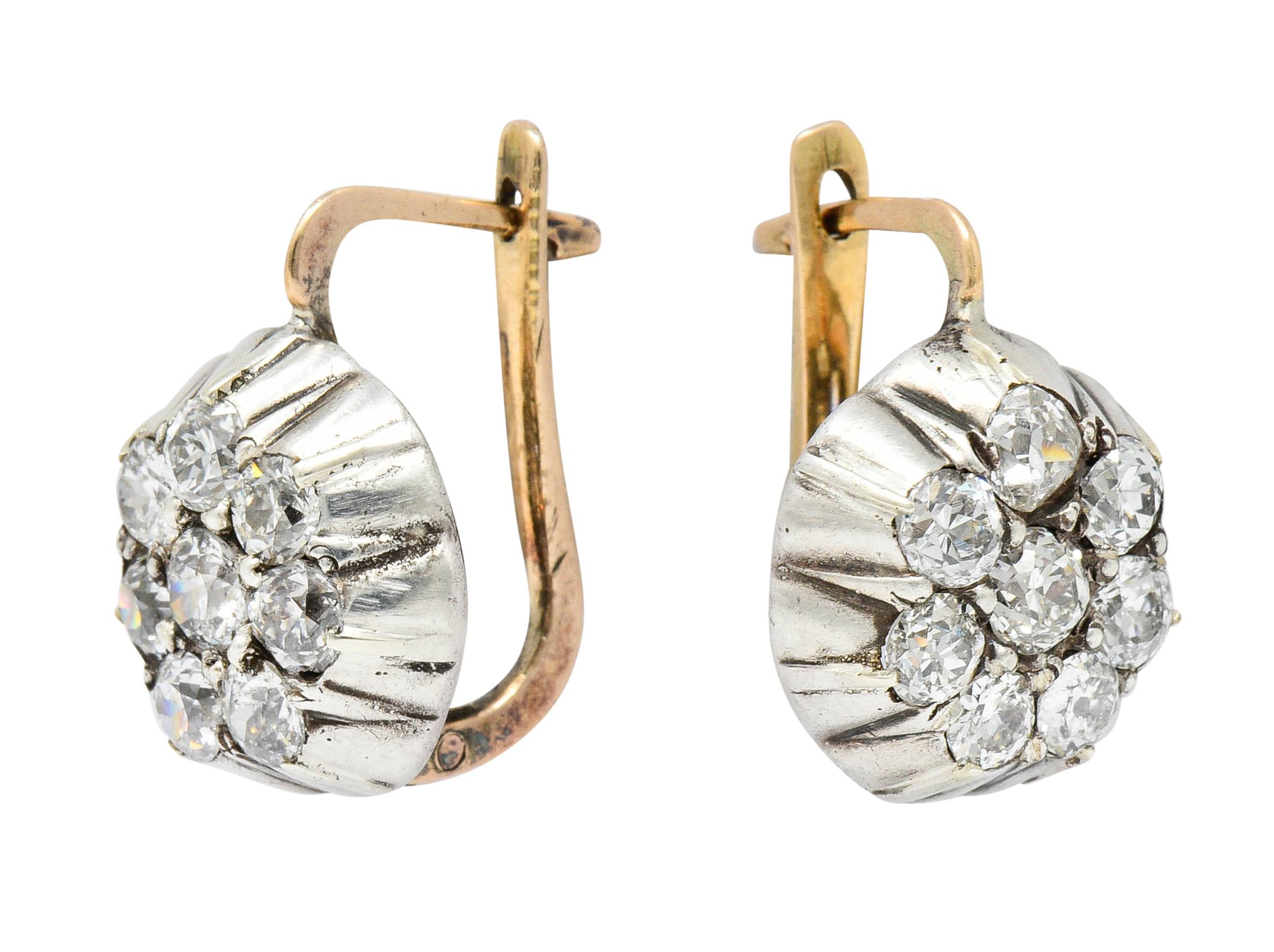Women's or Men's Edwardian 2.00 Carat Diamond Platinum-Topped 14 Karat Gold Cluster Earrings