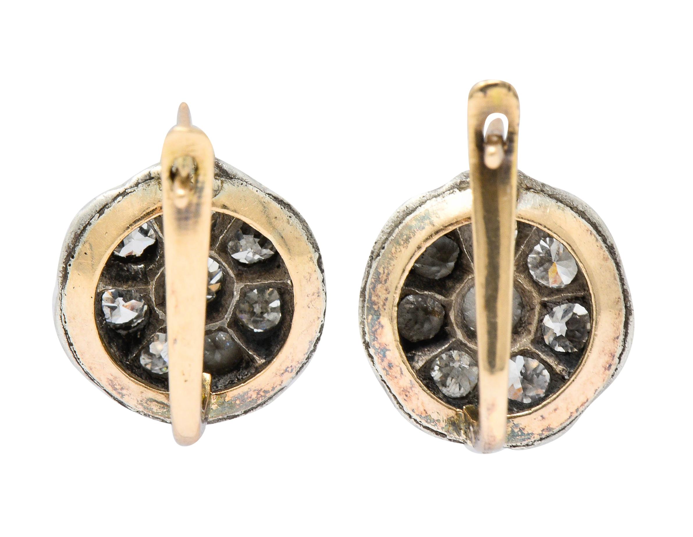 Old European Cut Edwardian 2.00 Carat Diamond Platinum-Topped 14 Karat Gold Cluster Earrings