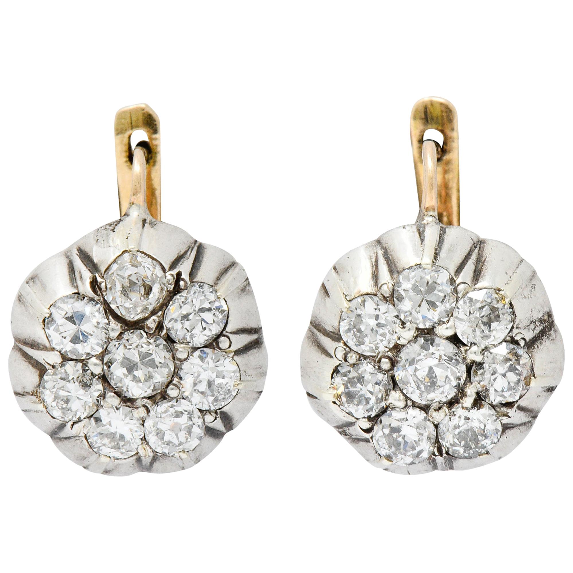 Edwardian 2.00 Carat Diamond Platinum-Topped 14 Karat Gold Cluster Earrings