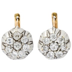 Edwardian 2.00 Carat Diamond Platinum-Topped 14 Karat Gold Cluster Earrings