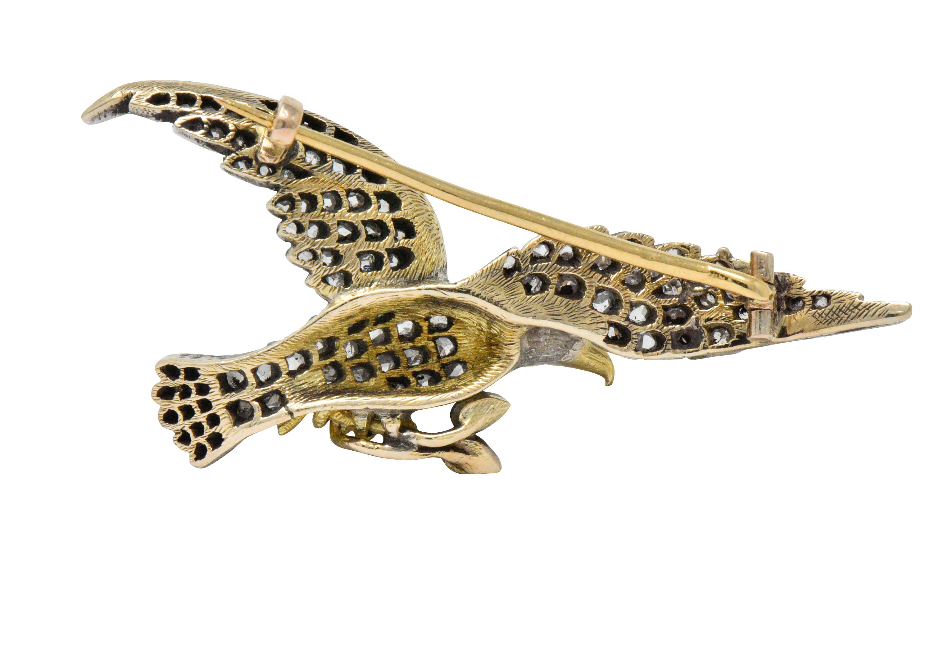Edwardian 2.00 Carat Diamond Ruby Silver-Topped 14 Karat Gold Eagle Brooch In Excellent Condition In Philadelphia, PA