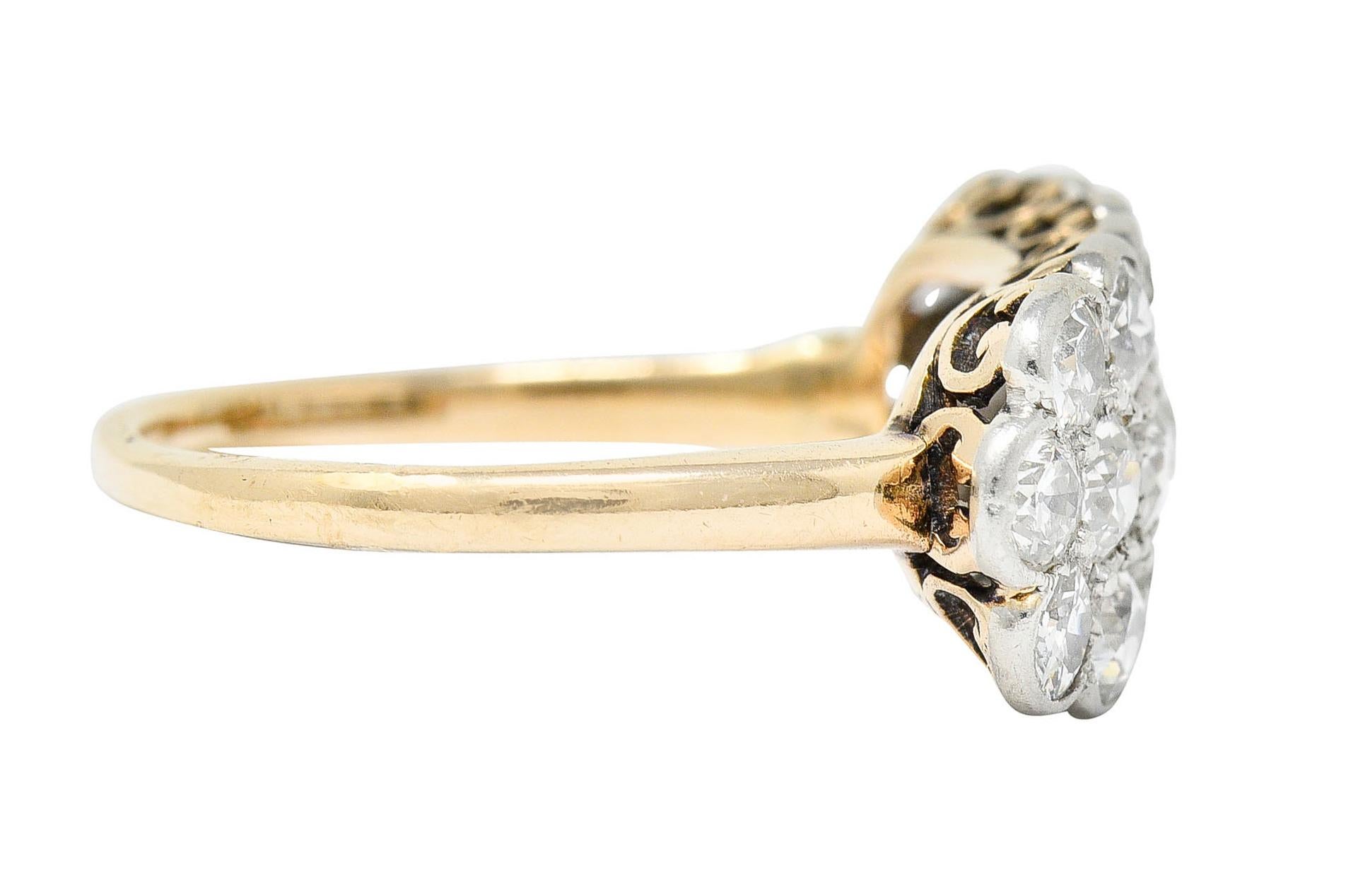 Old European Cut Edwardian 2.00 Carats Diamond Platinum-Topped 14 Karat Gold Cluster Band Ring