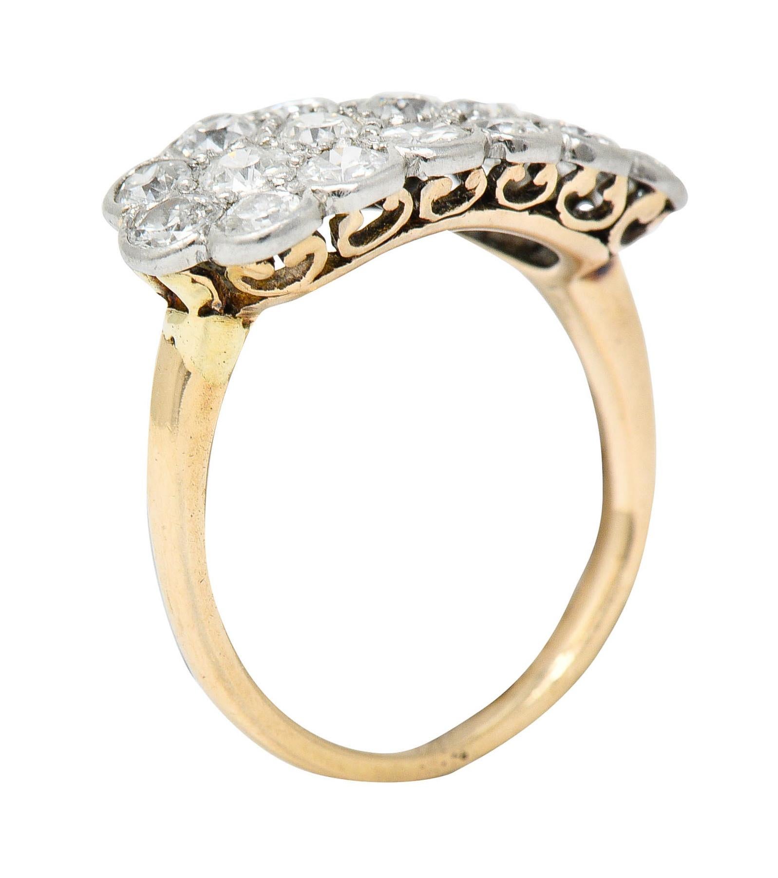 Edwardian 2.00 Carats Diamond Platinum-Topped 14 Karat Gold Cluster Band Ring 3