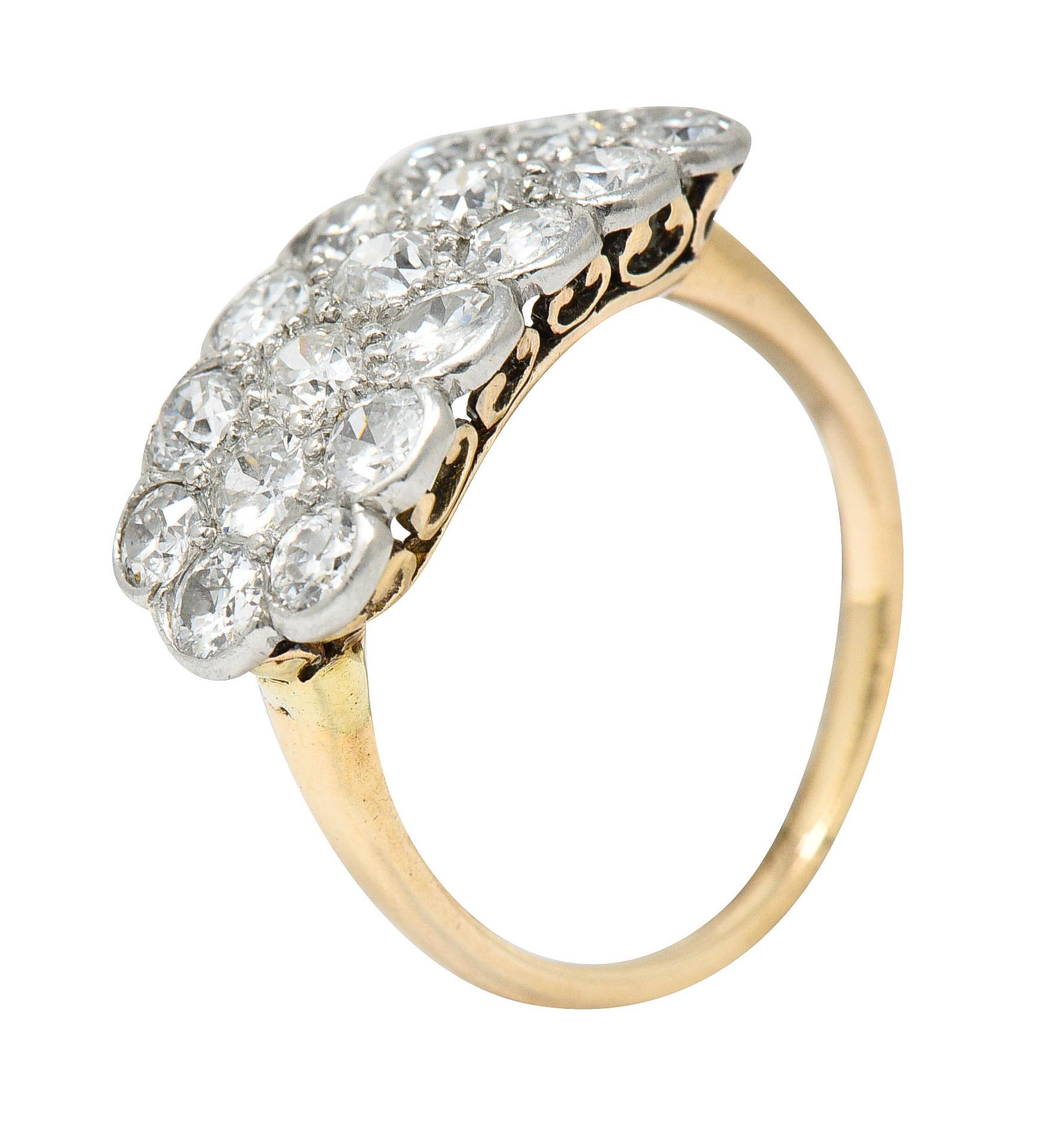 Edwardian 2.00 Carats Diamond Platinum-Topped 14 Karat Gold Cluster Band Ring 4