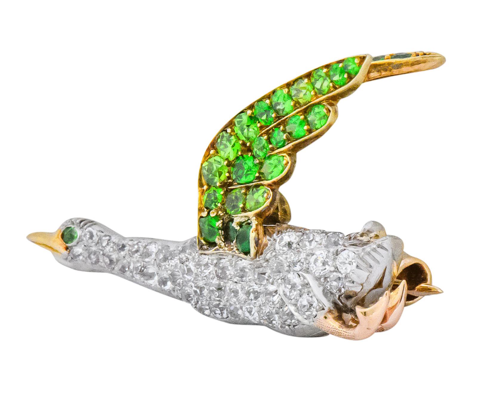 Round Cut Edwardian 2.00 Carat Diamond Demantoid Garnet Platinum 18 Karat Gold Goose Pin