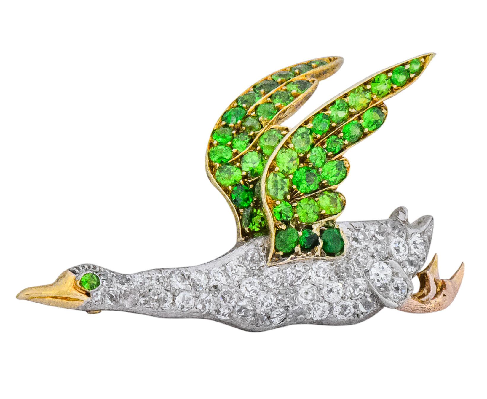 Edwardian 2.00 Carat Diamond Demantoid Garnet Platinum 18 Karat Gold Goose Pin 2