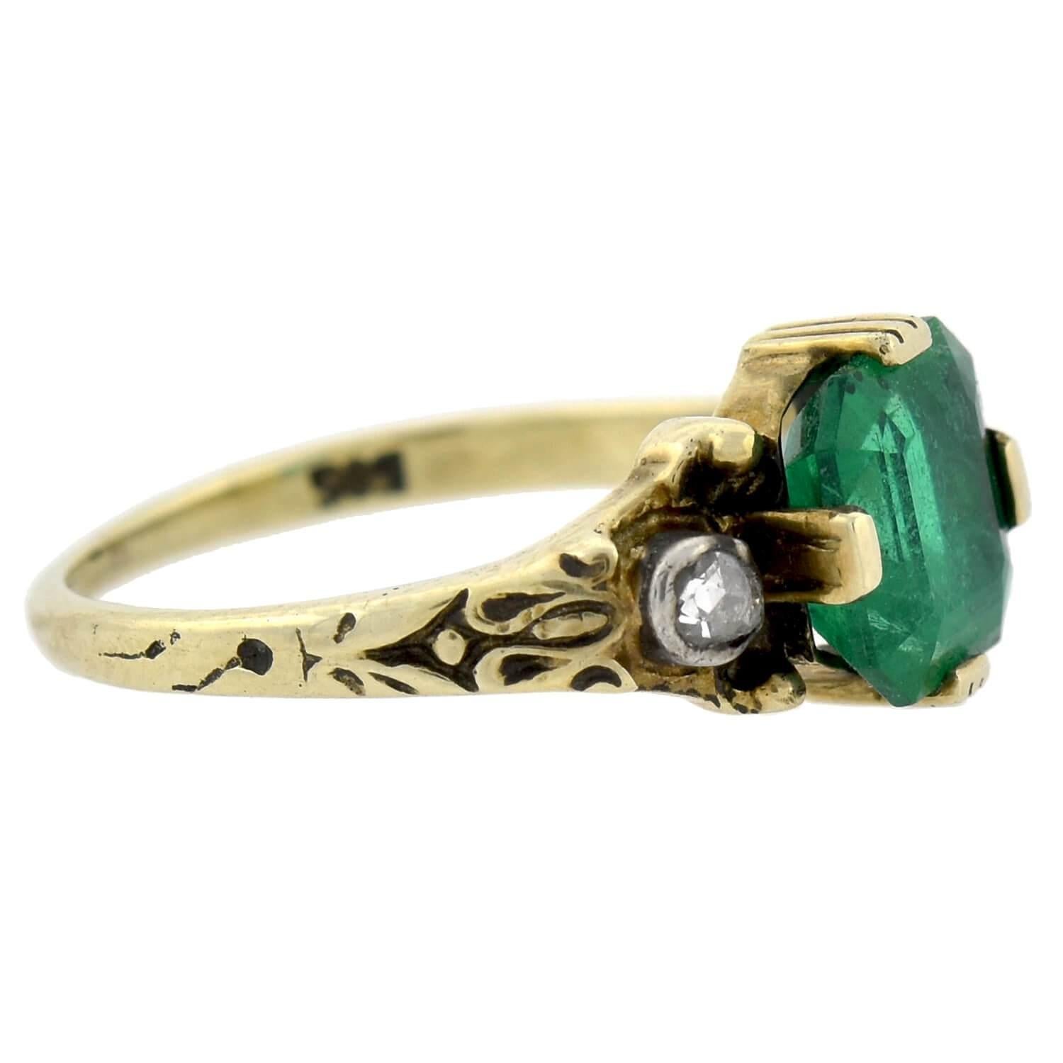 Rose Cut Edwardian 2.00 Total Carat Colombian Emerald and Diamond Ring