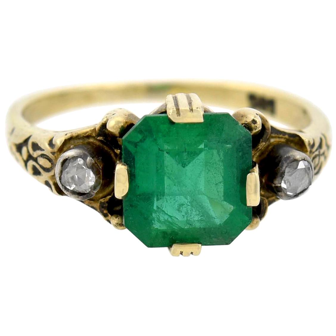 Edwardian 2.00 Total Carat Colombian Emerald and Diamond Ring