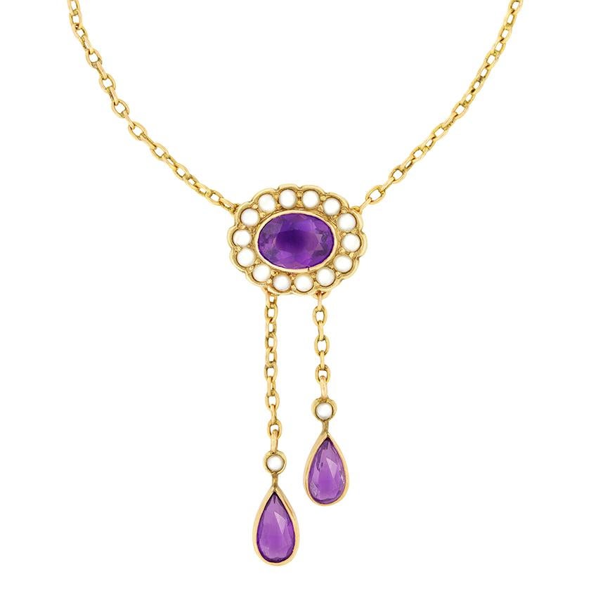Edwardian 2.00ct Amethyst and Pearl Necklace, c.1900s In Good Condition In London, GB
