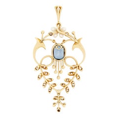 Edwardian 2.00ct Blue Zircon, Diamond and Pearl Pendant, c.1910s