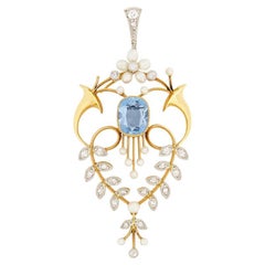 Edwardian 2.00ct Blue Zircon, Diamond and Pearl Pendant, c.1910s