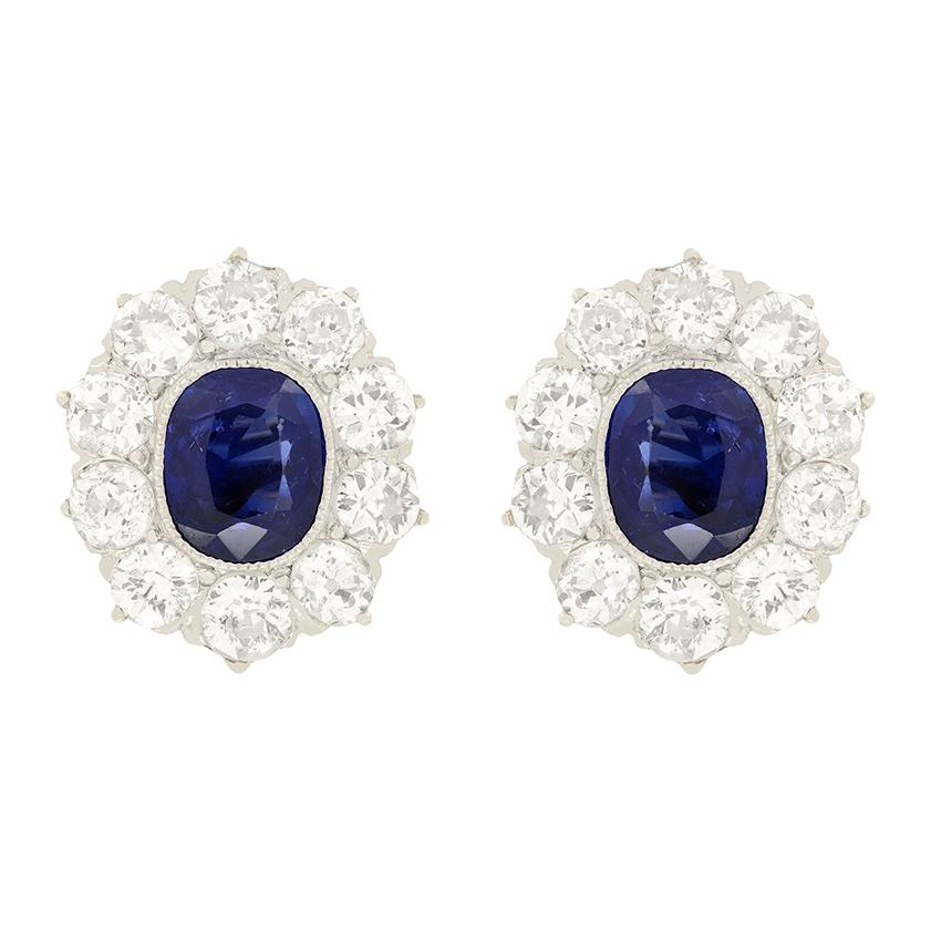 Oval Cut Edwardian 2.00ct Sapphire and Diamond Cluster Earrings, c.1910s For Sale
