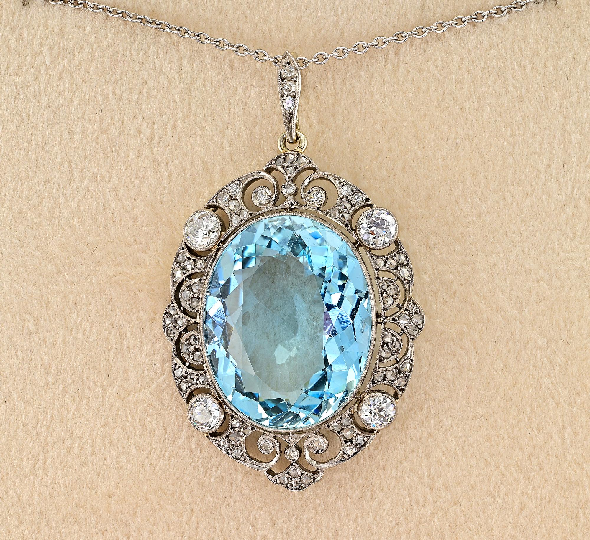 This breath taking antique pendant is Edwardian period, 1905 circa
The exquisite hand workmanship is rendered of solid Platinum and 18 KT gold little portions, crafted in a remarkable openwork design expressing grace and elegance typical of the