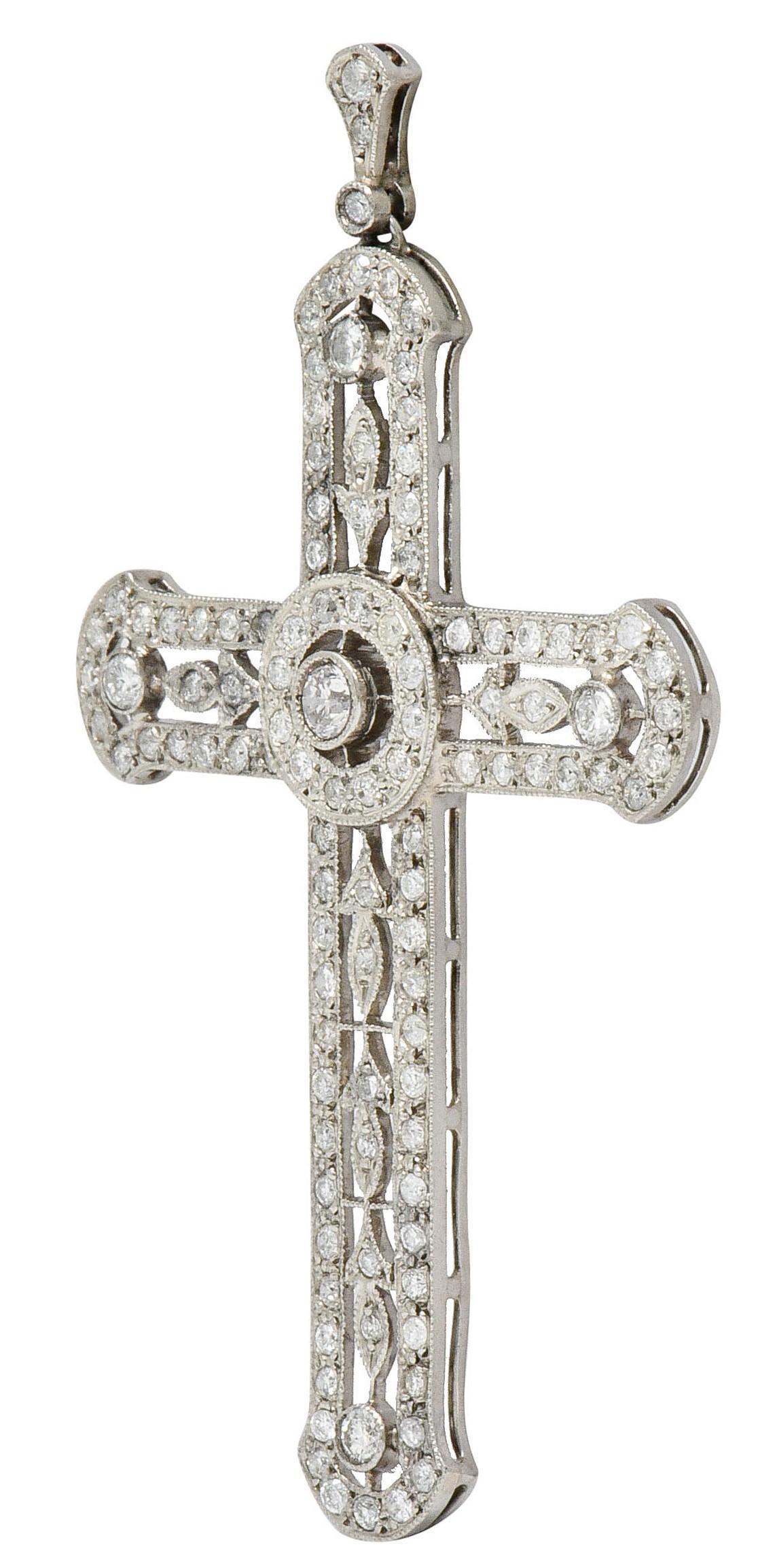 Edwardian 2.05 Carat Diamond Platinum Cross Pendant In Excellent Condition In Philadelphia, PA