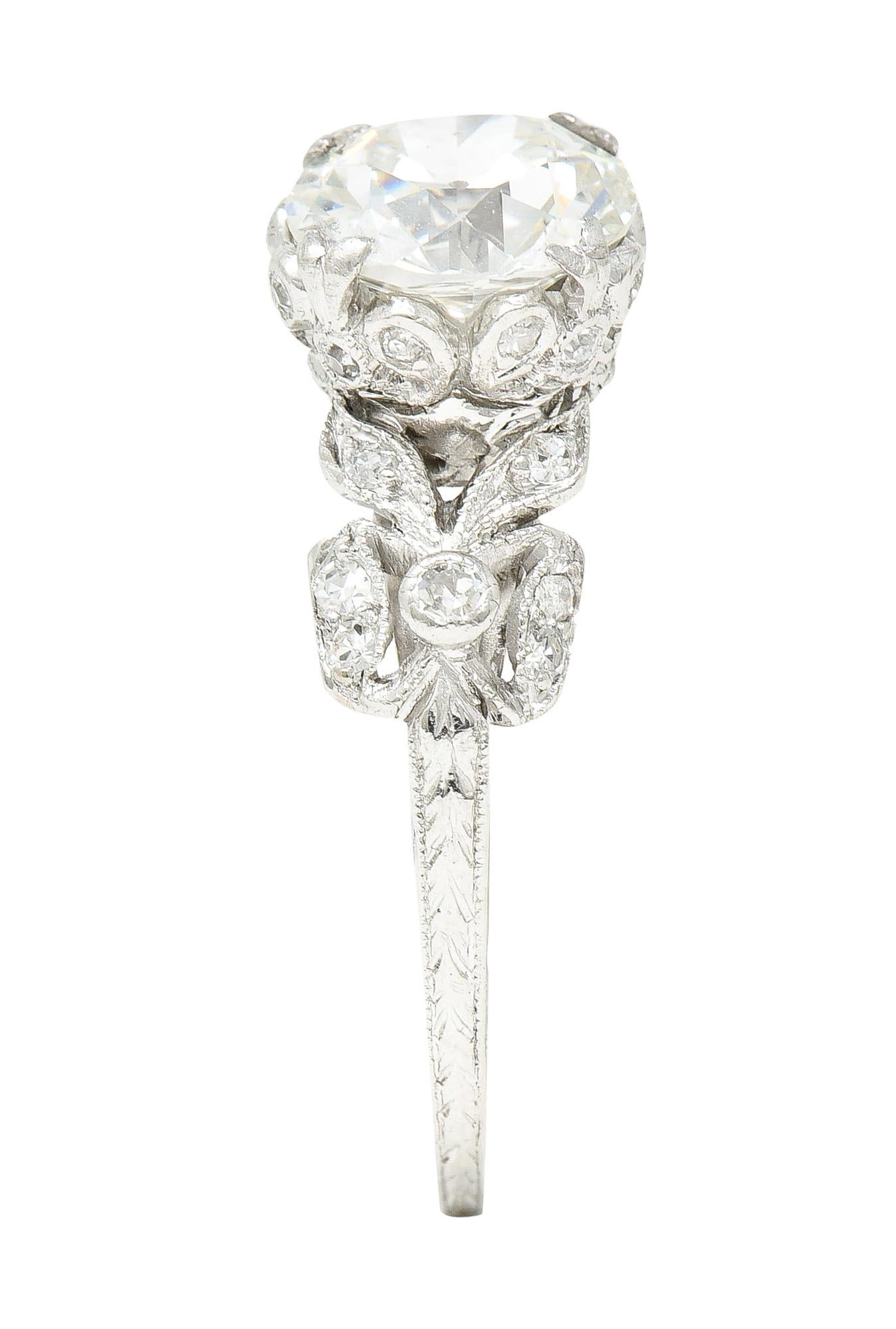 Edwardian 2.07 Carat European Cut Diamond Platinum Floral Engagement Ring GIA 5