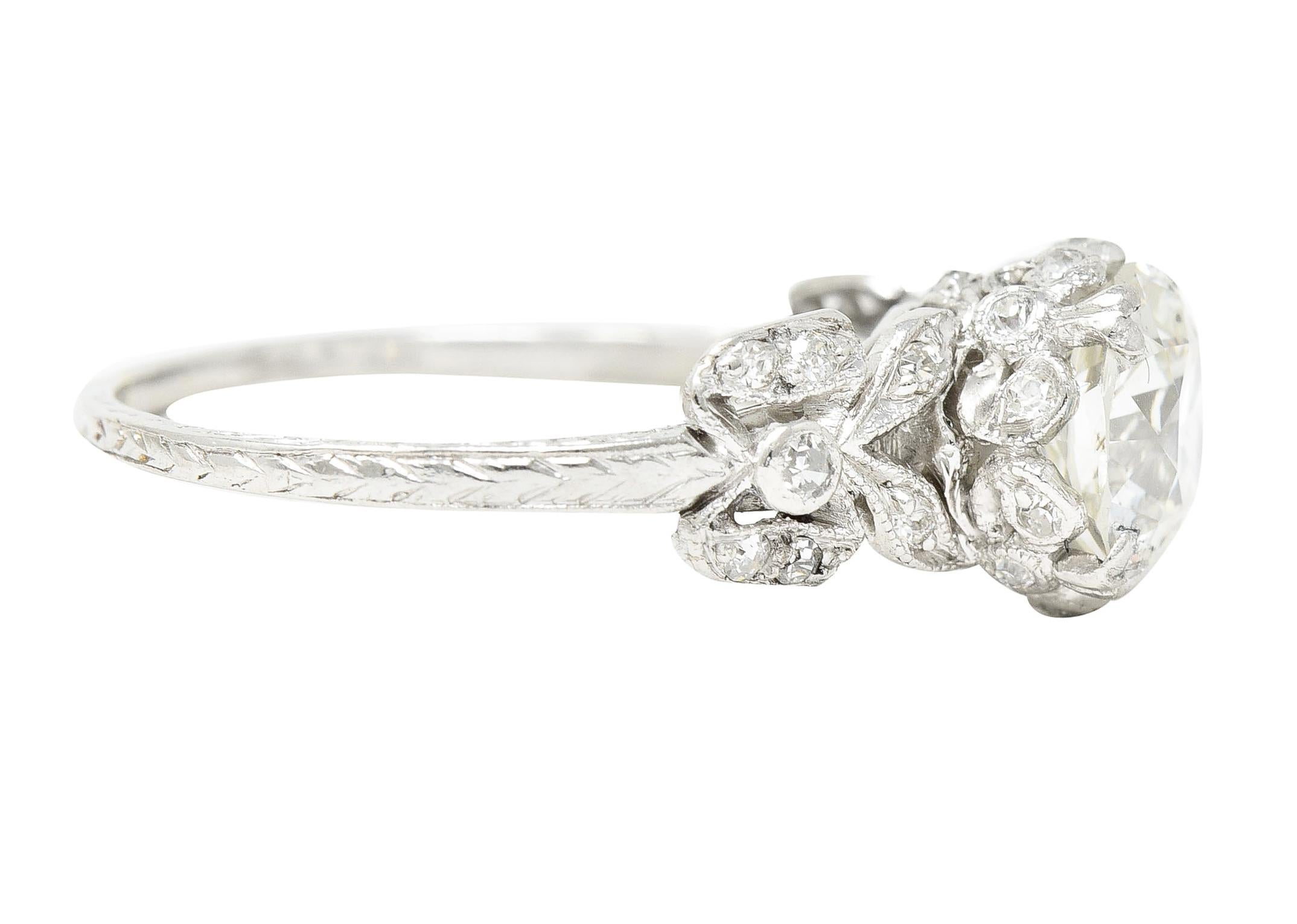 Edwardian 2.07 Carat European Cut Diamond Platinum Floral Engagement Ring GIA In Excellent Condition In Philadelphia, PA