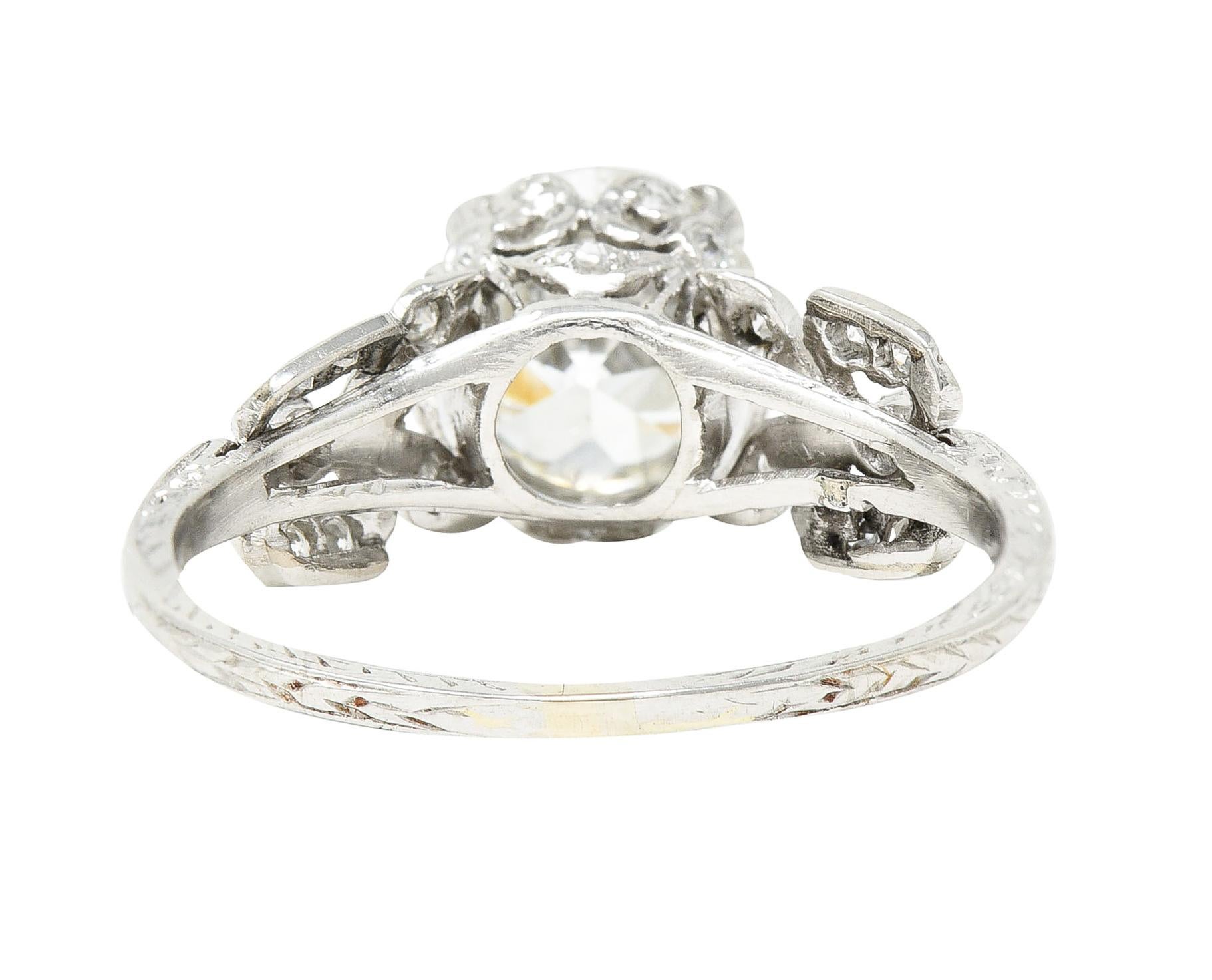 Women's or Men's Edwardian 2.07 Carat European Cut Diamond Platinum Floral Engagement Ring GIA