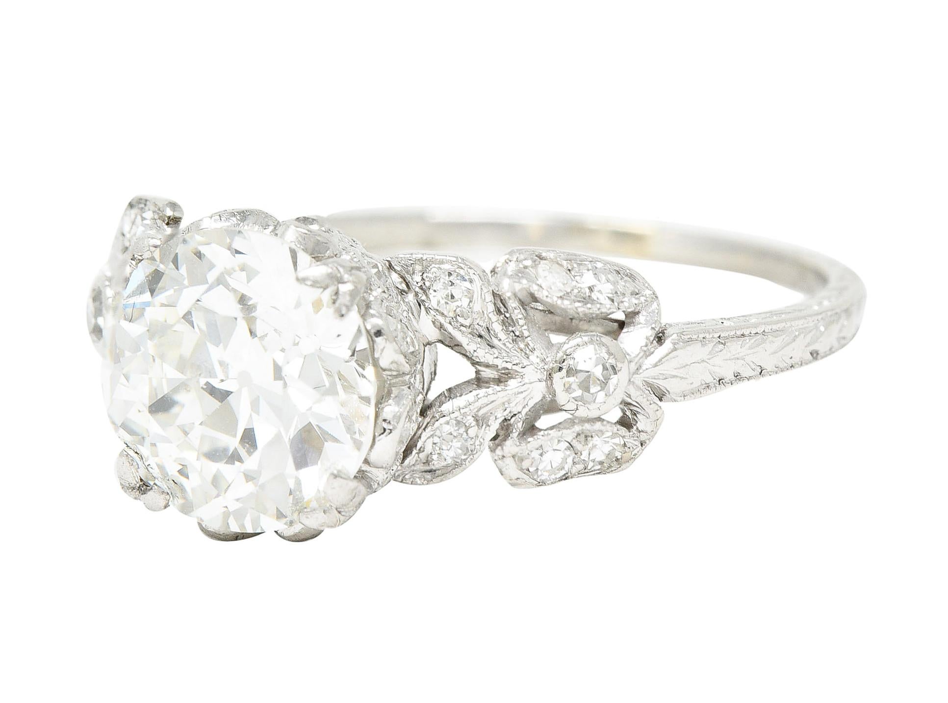 Edwardian 2.07 Carat European Cut Diamond Platinum Floral Engagement Ring GIA 2
