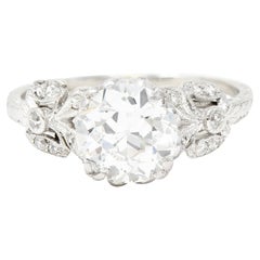 Edwardian 2.07 Carat European Cut Diamond Platinum Floral Engagement Ring GIA