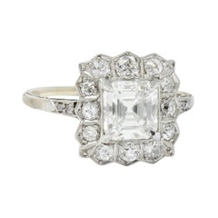 Antique Edwardian 2.07 Carats Asscher Diamond Platinum-Topped 14 Karat Gold Cluster Ring