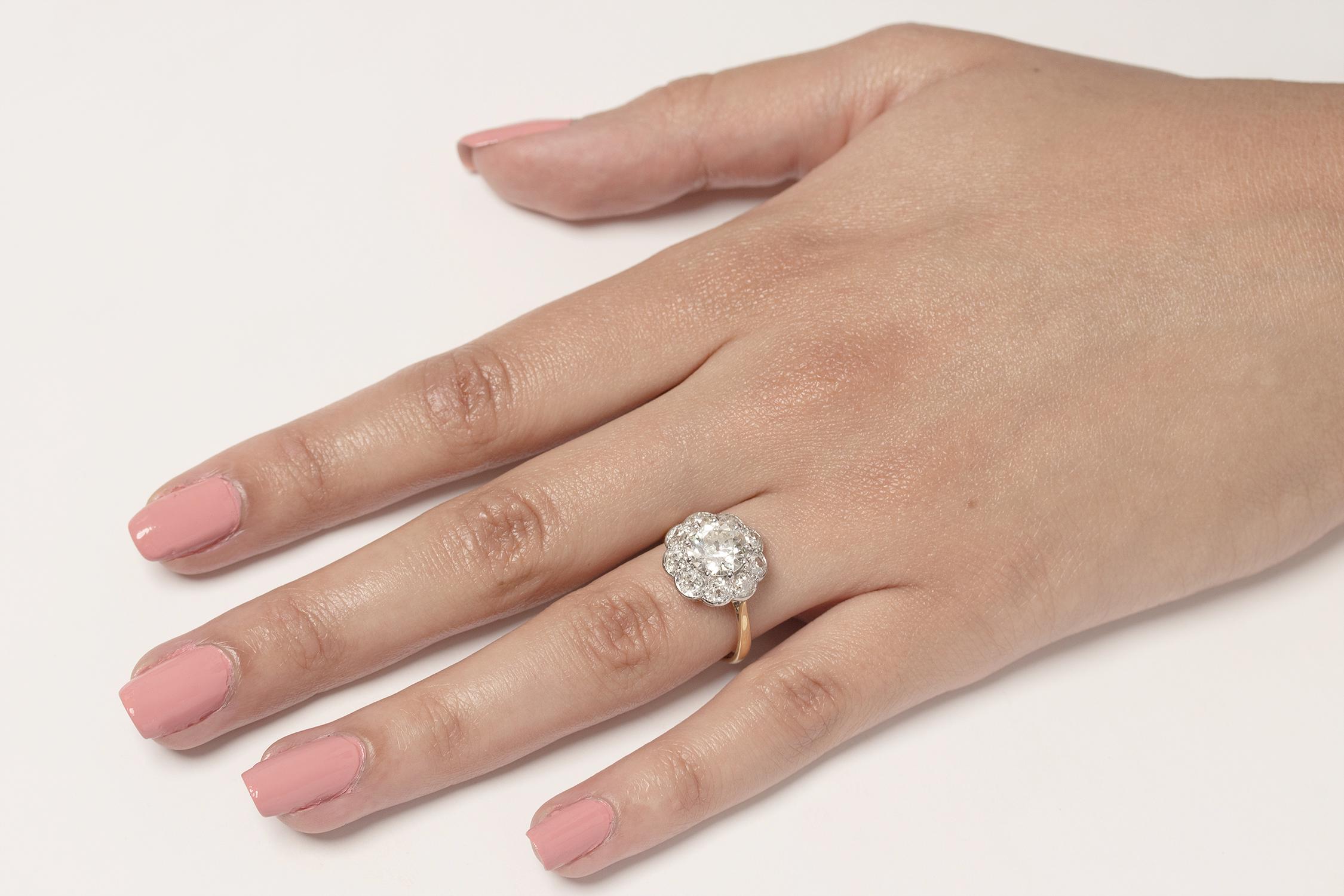 Women's or Men's Edwardian 2.07 Carat Diamond Halo Engagement Ring, circa 1910s For Sale