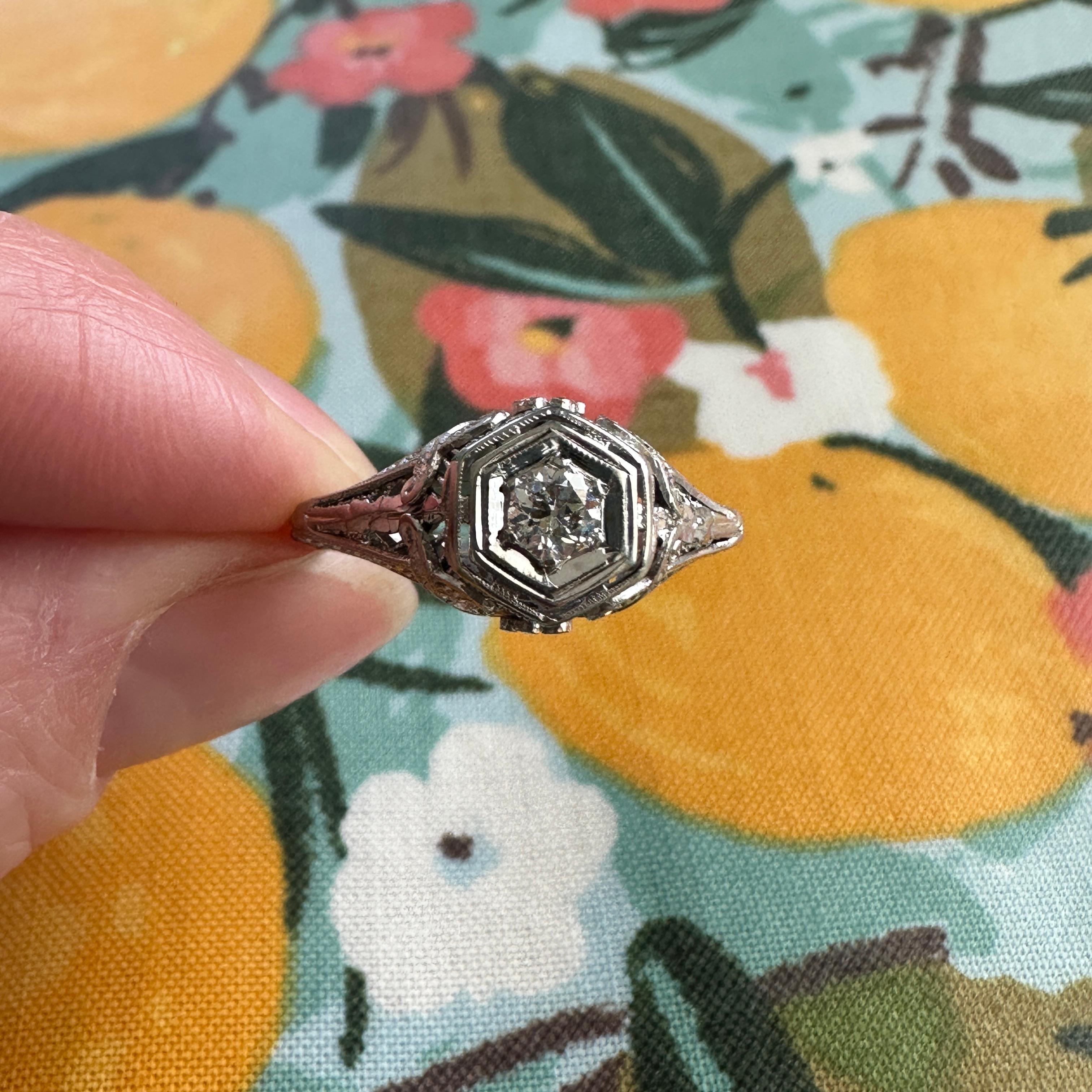 Edwardian .20ct Diamond 18K White Gold Filigree Engagement Ring For Sale 5