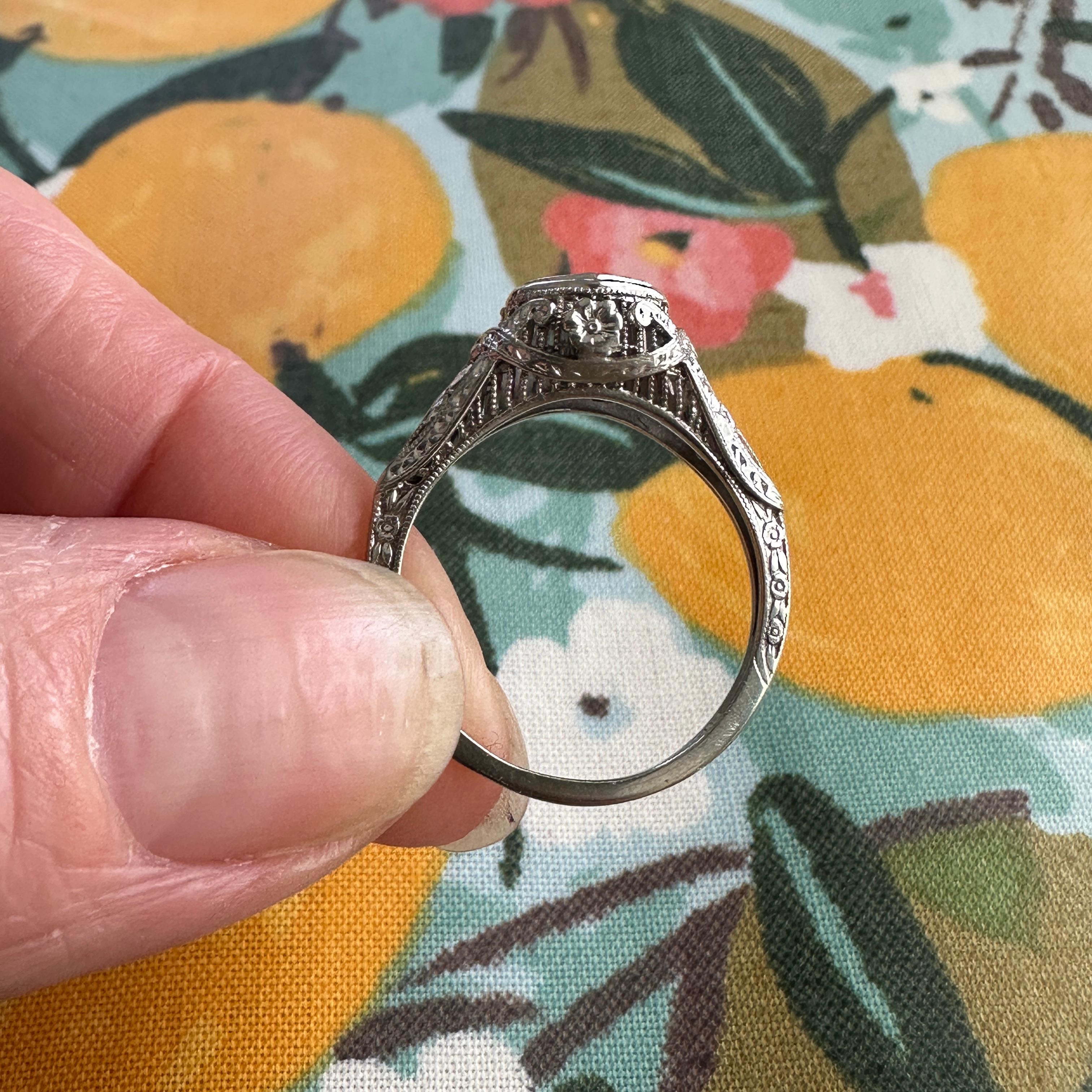 Edwardian .20ct Diamond 18K White Gold Filigree Engagement Ring For Sale 6