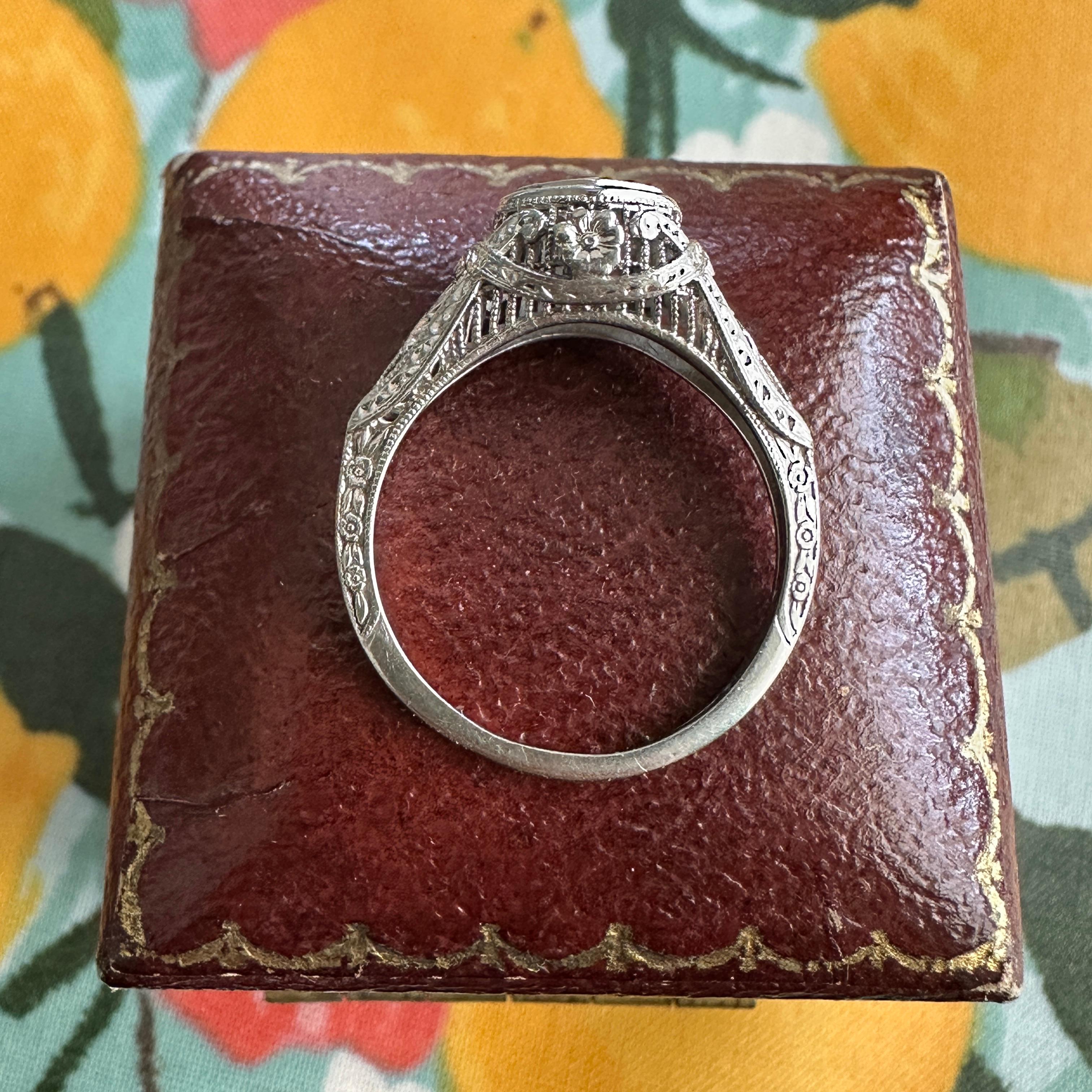 Edwardian .20ct Diamond 18K White Gold Filigree Engagement Ring For Sale 7