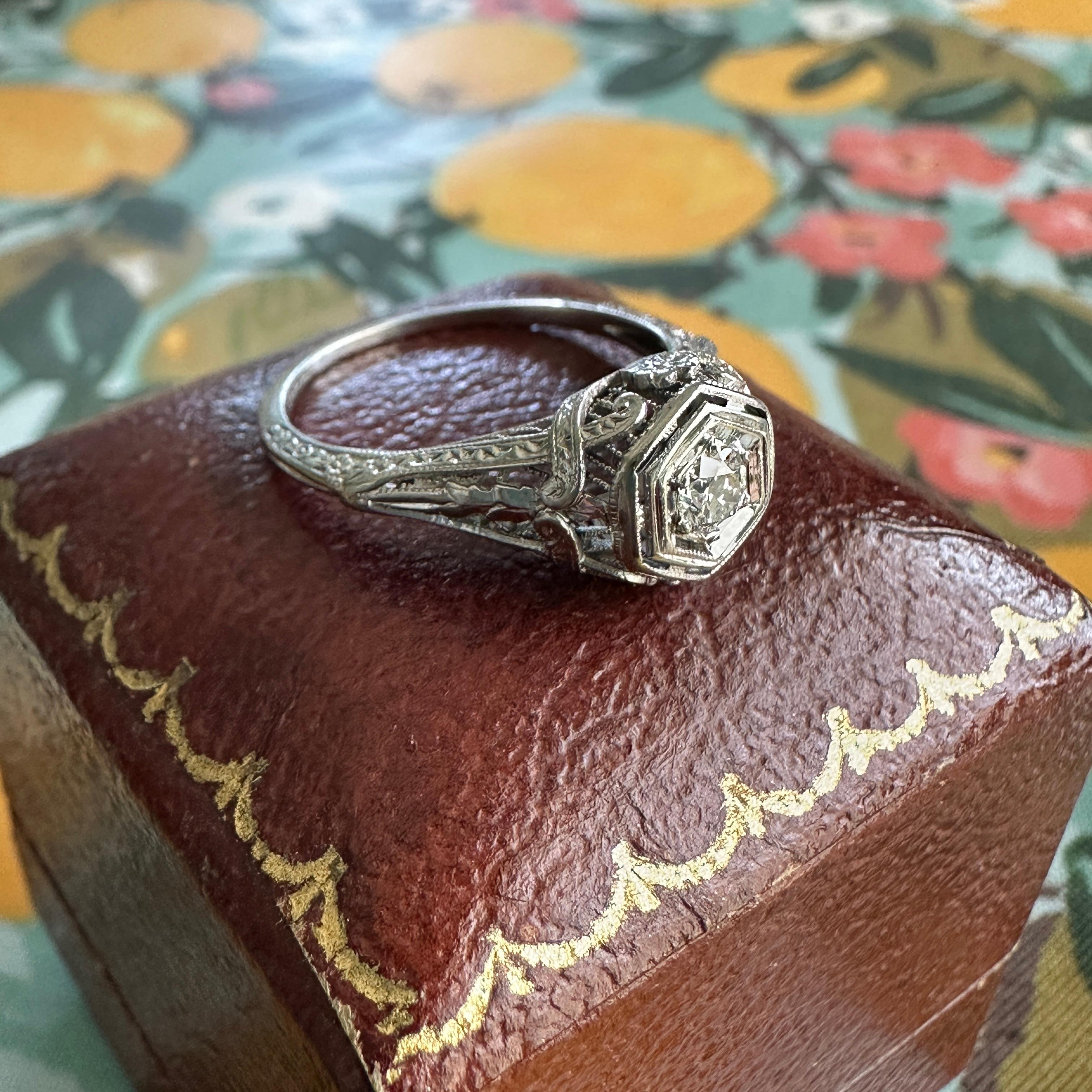Edwardian .20ct Diamond 18K White Gold Filigree Engagement Ring For Sale 9