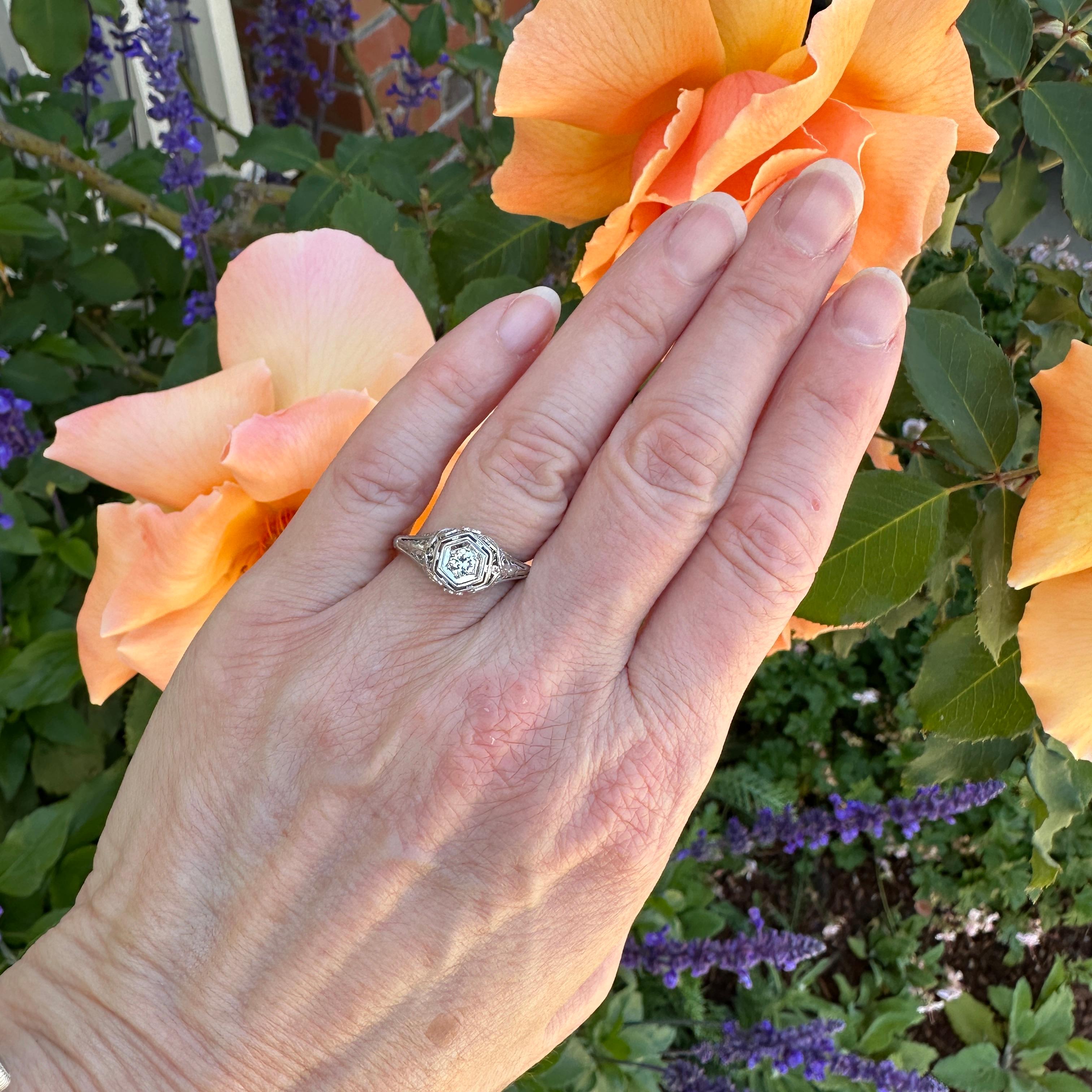 Round Cut Edwardian .20ct Diamond 18K White Gold Filigree Engagement Ring For Sale