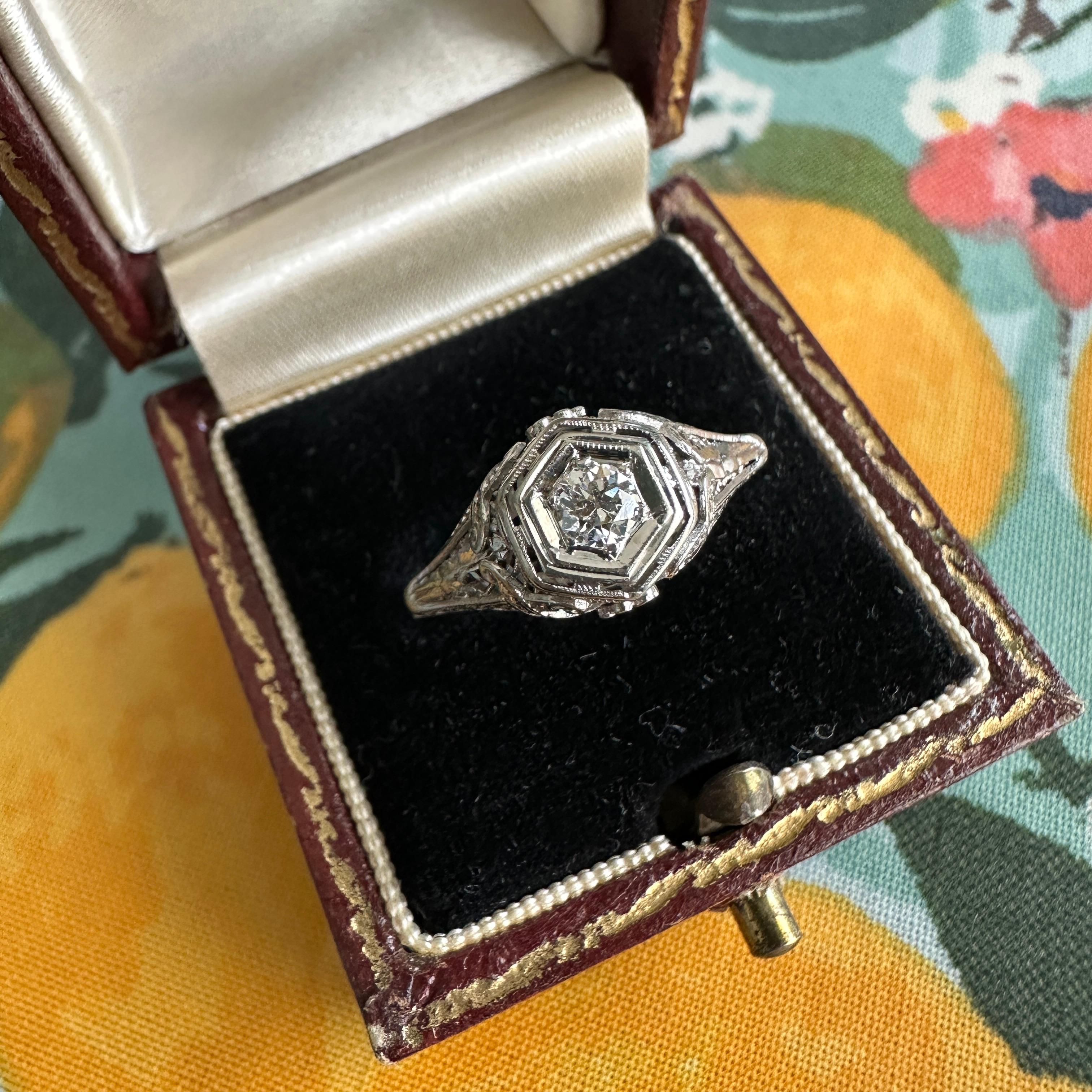 Women's Edwardian .20ct Diamond 18K White Gold Filigree Engagement Ring For Sale