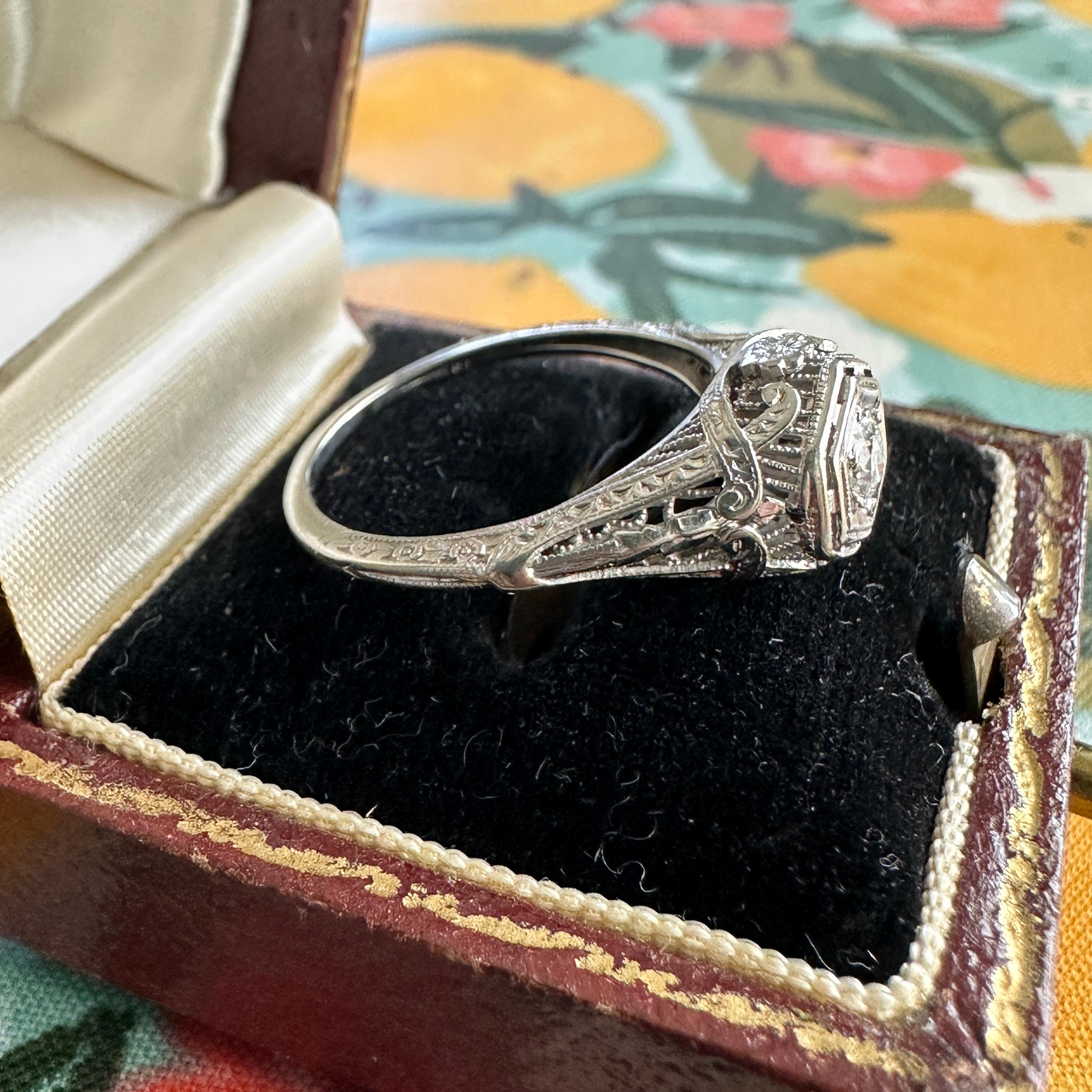 Edwardian .20ct Diamond 18K White Gold Filigree Engagement Ring For Sale 1