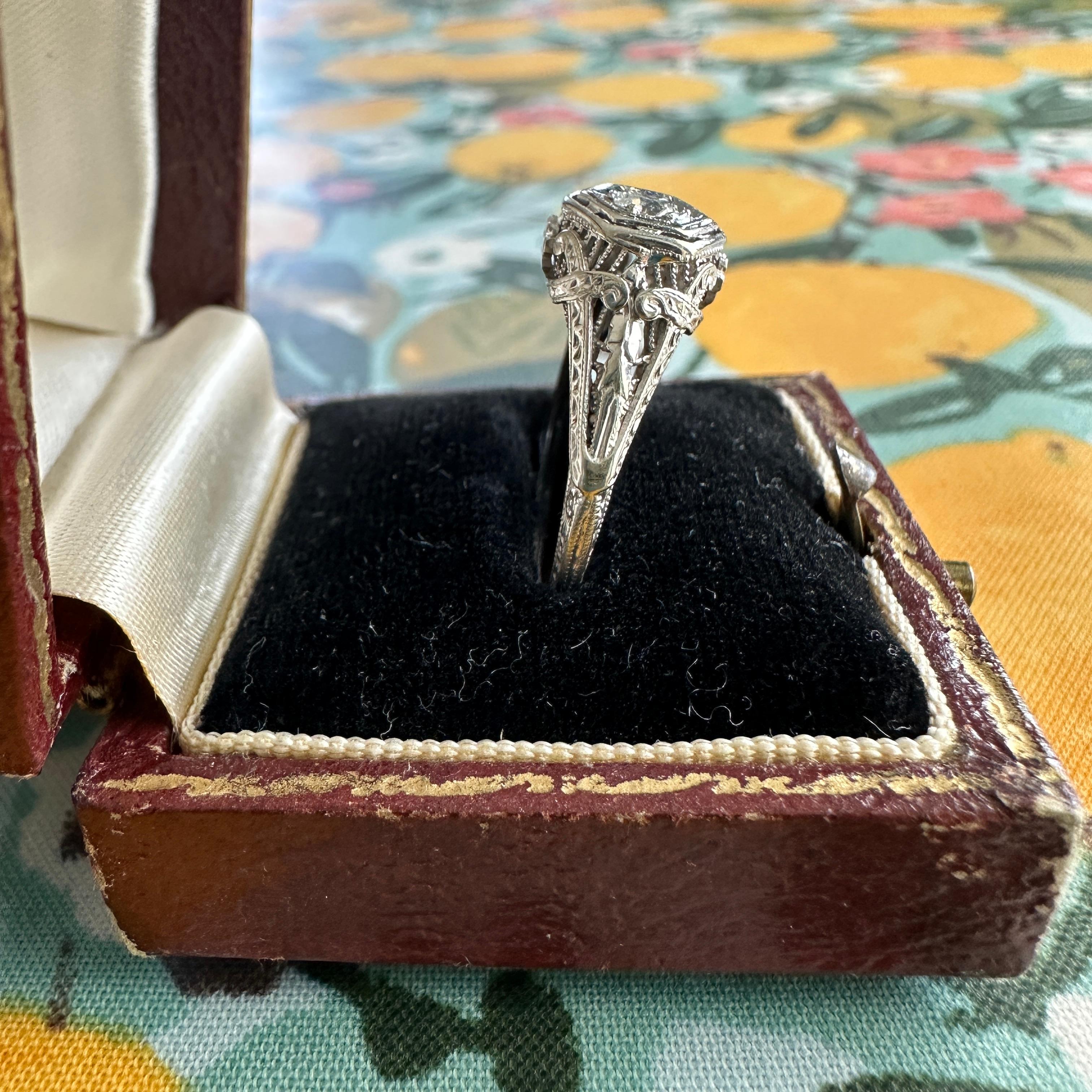 Edwardian .20ct Diamond 18K White Gold Filigree Engagement Ring For Sale 4