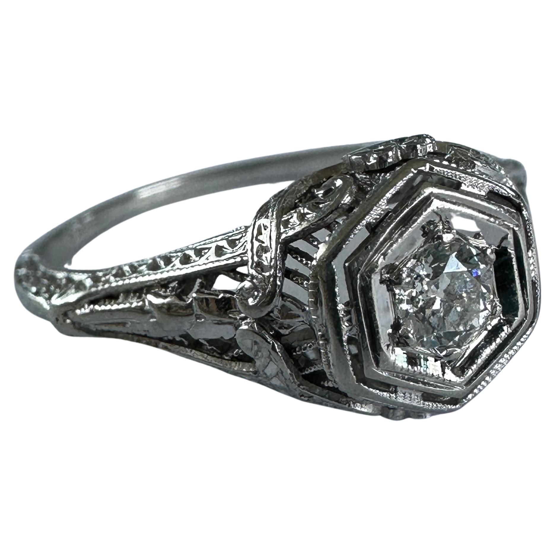 Edwardian .20ct Diamond 18K White Gold Filigree Engagement Ring For Sale