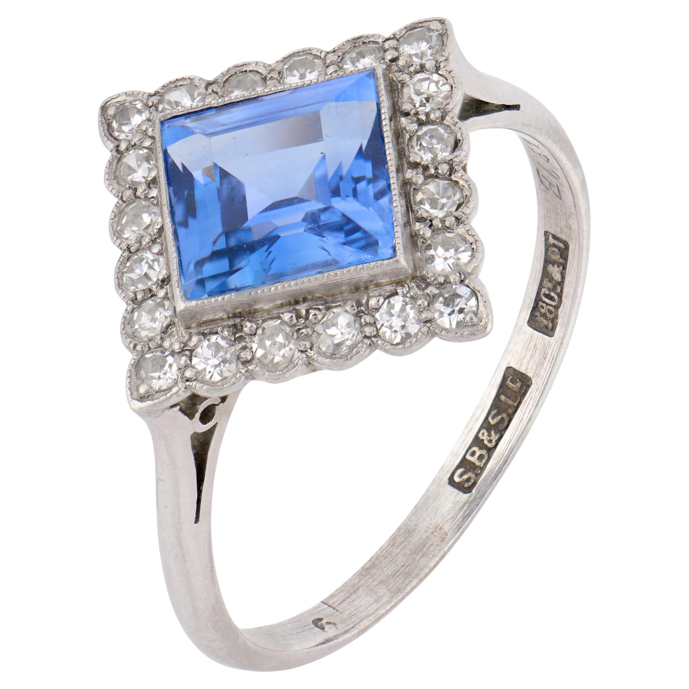 Edwardian 2,10 Karat Ceylon keine Hitze Saphir Diamant 18k Weißgold Ring im Angebot