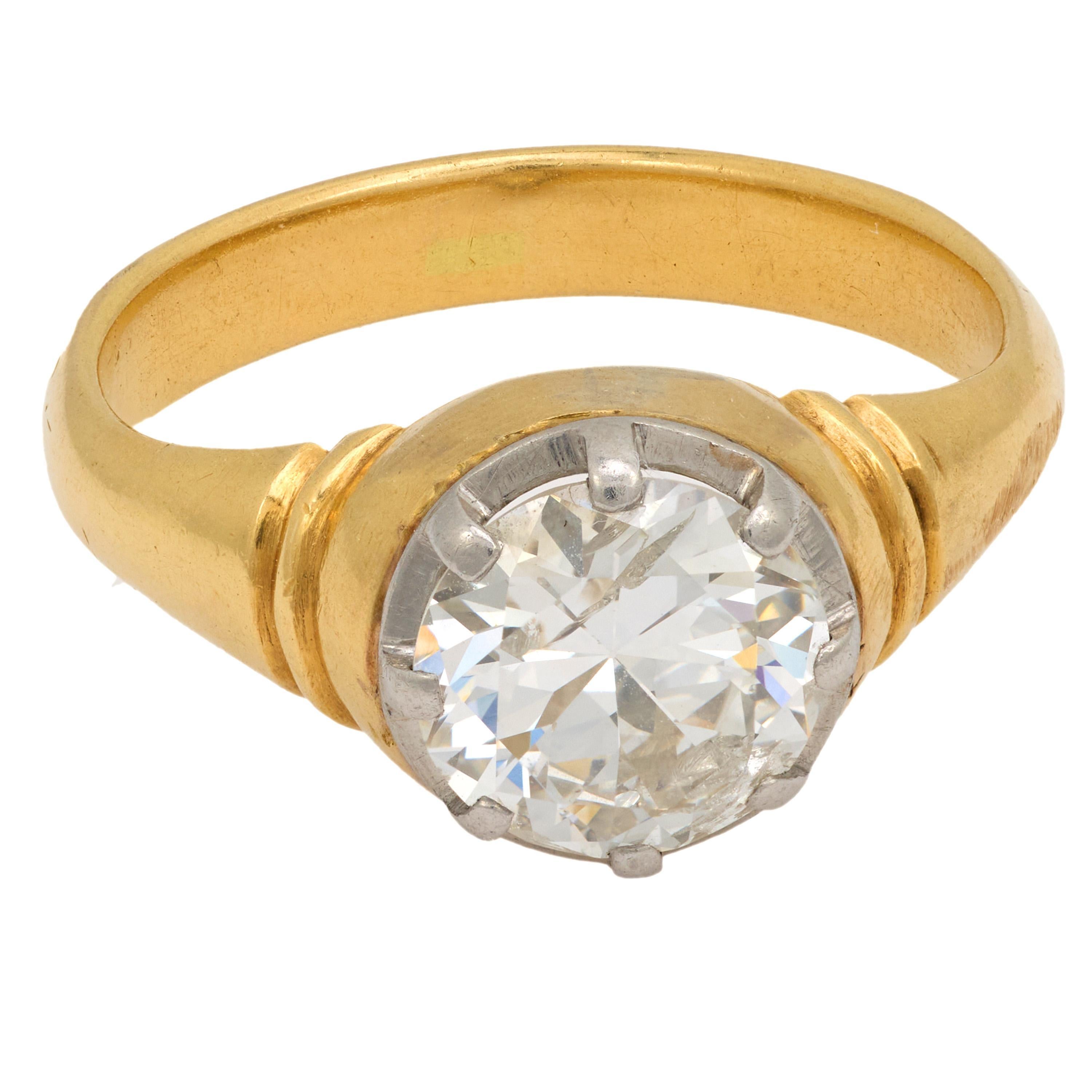 Old European Cut Edwardian 2.10 carat old European cut diamond 18k yellow gold engagement ring For Sale