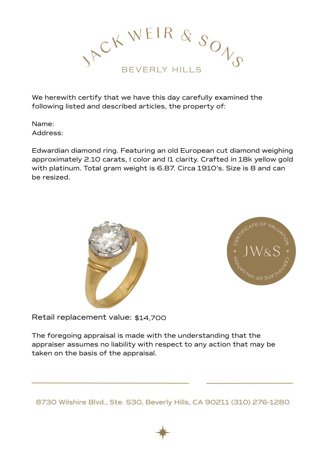 Edwardian 2.10 carat old European cut diamond 18k yellow gold engagement ring For Sale 1