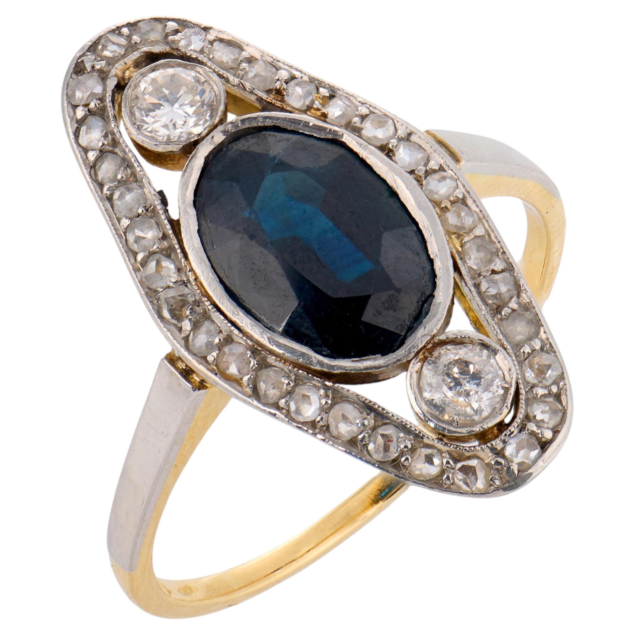 Ring aus 18-karätigem Gelbgold mit einem Saphir und Diamanten im edwardianischen Stil, 2,10 Karat