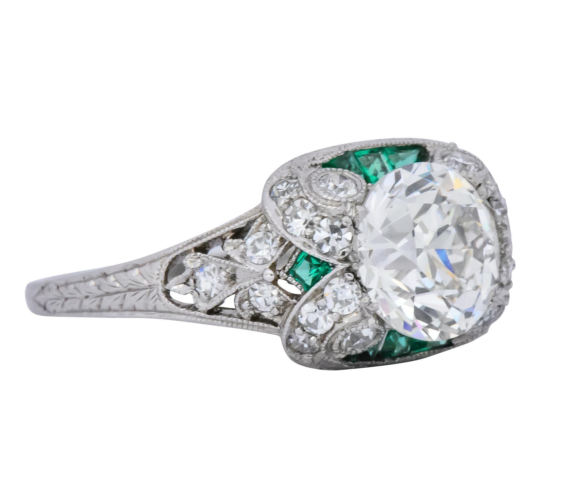 Old European Cut Edwardian 1.59 Carat Old European Diamond Emerald Platinum Engagement Ring GIA