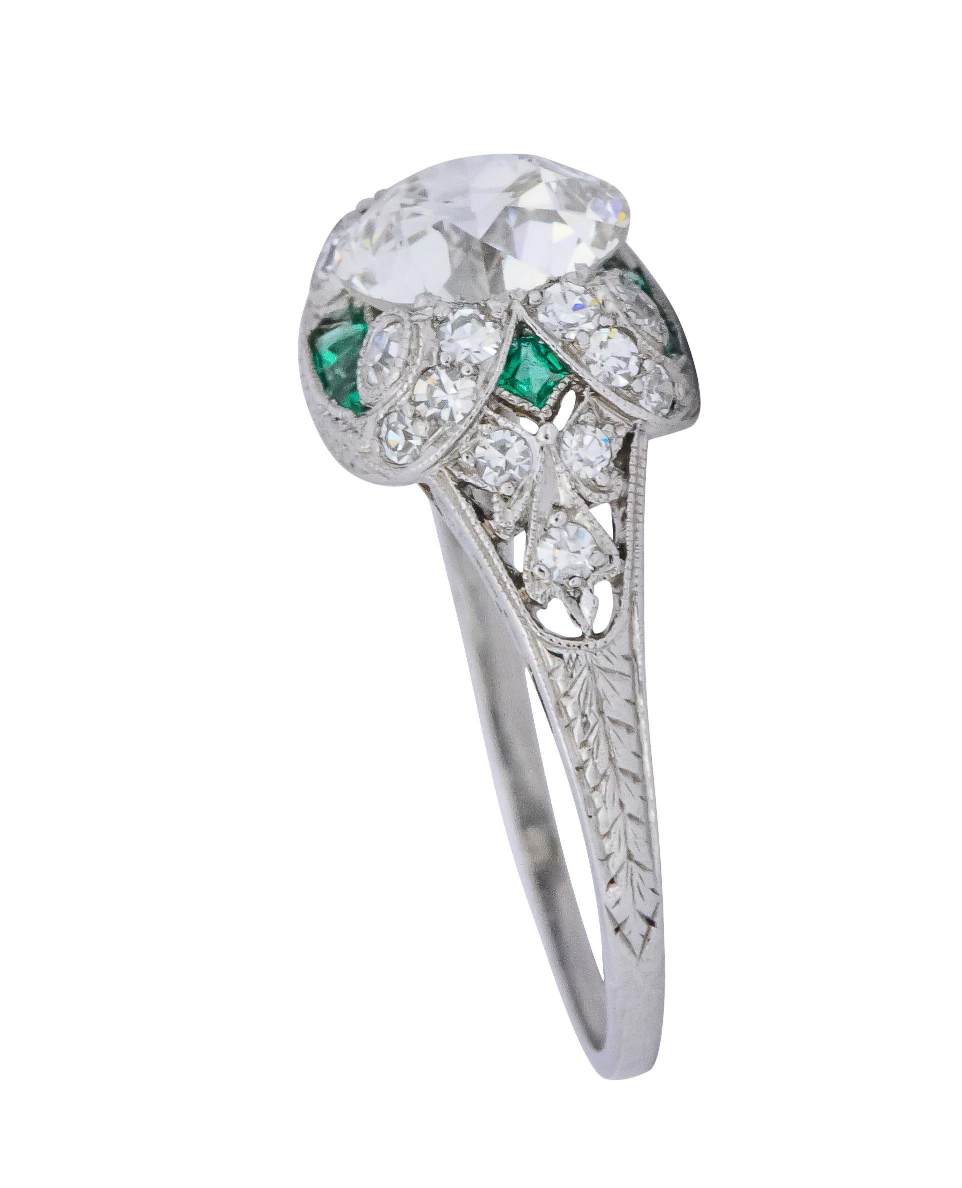 Edwardian 1.59 Carat Old European Diamond Emerald Platinum Engagement Ring GIA In Excellent Condition In Philadelphia, PA