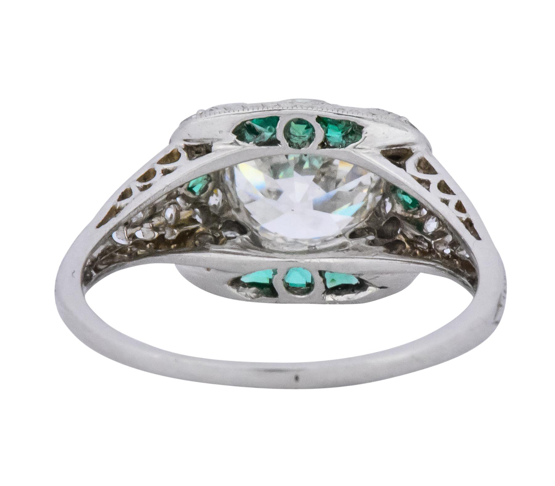 Women's or Men's Edwardian 1.59 Carat Old European Diamond Emerald Platinum Engagement Ring GIA