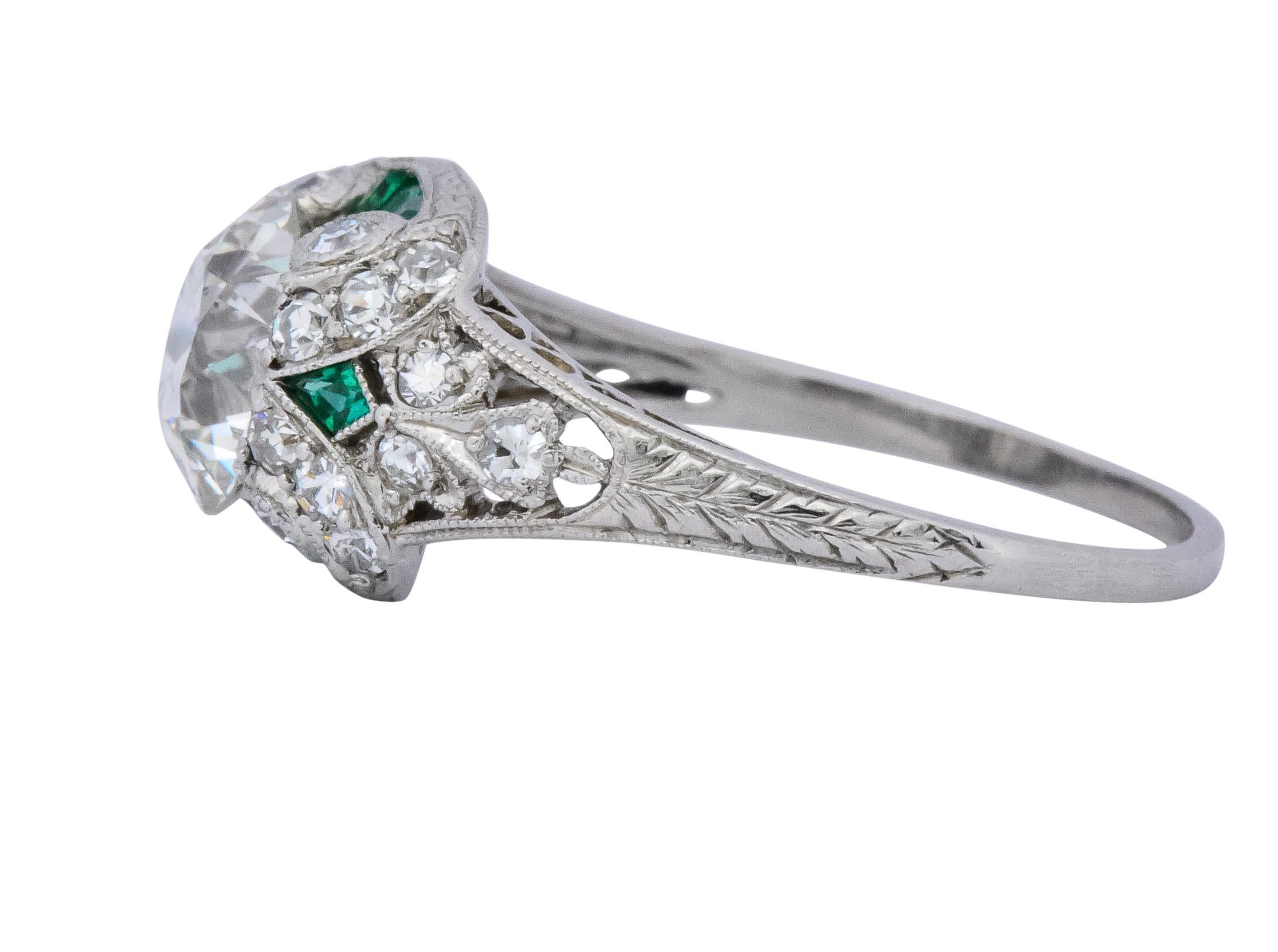 Edwardian 1.59 Carat Old European Diamond Emerald Platinum Engagement Ring GIA 1