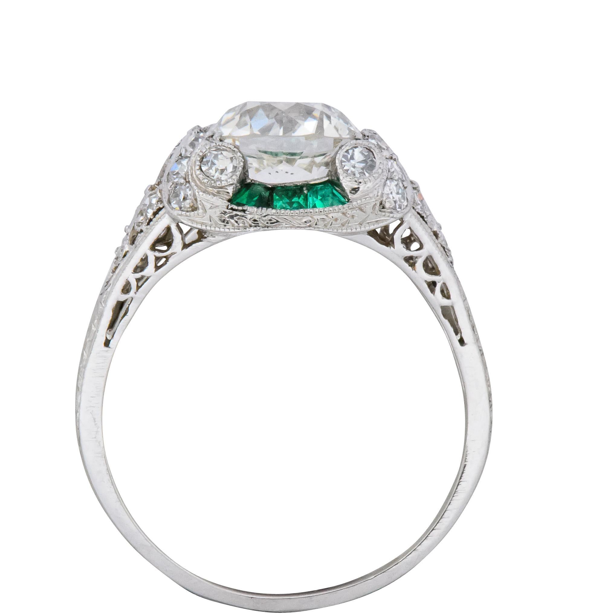 Edwardian 1.59 Carat Old European Diamond Emerald Platinum Engagement Ring GIA 3